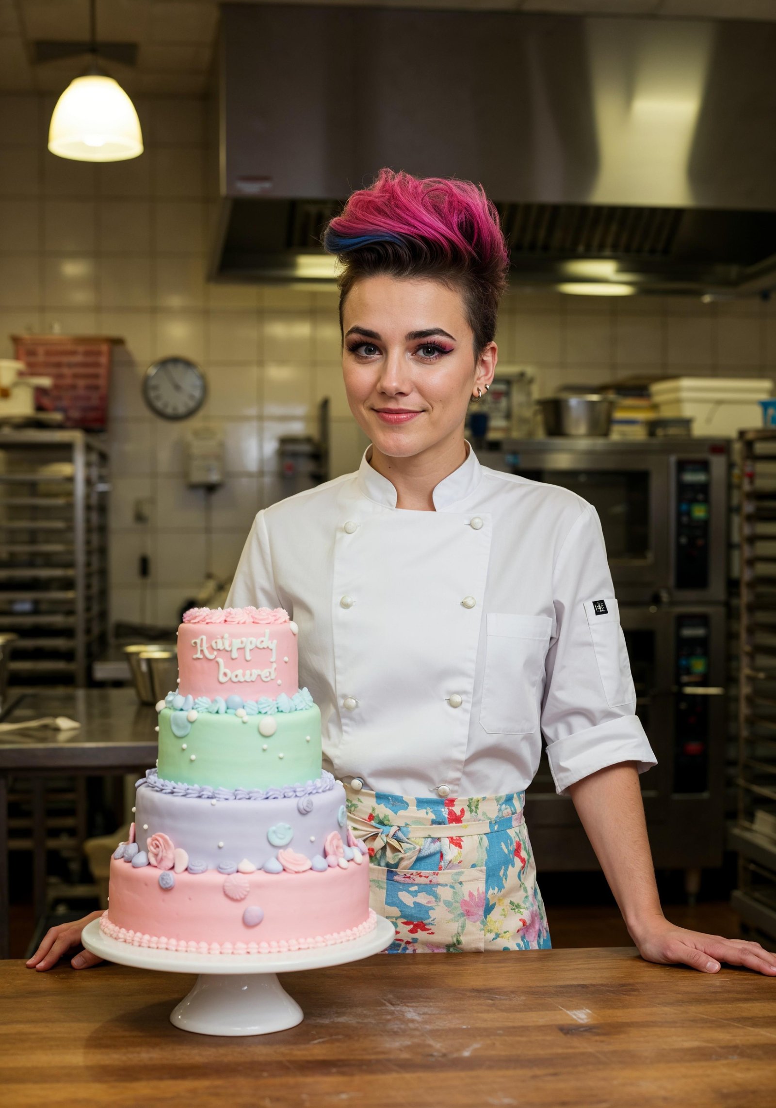 Professional Young Female Chef in Uniform Holding Gourmet Dish in Restaurant Kitchen