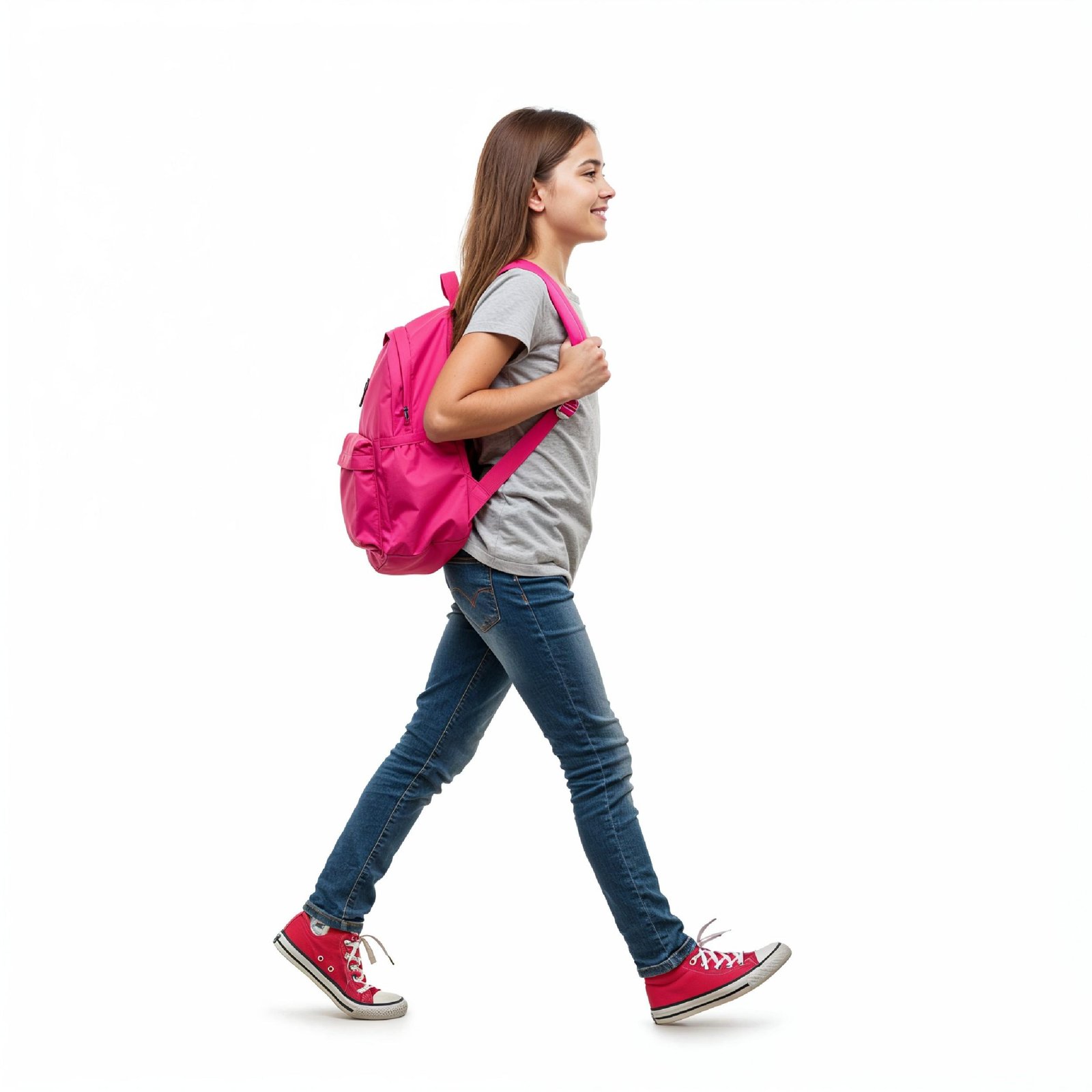 School Girl Walking with Backpack Isolated on White Background Education and Childhood Concept