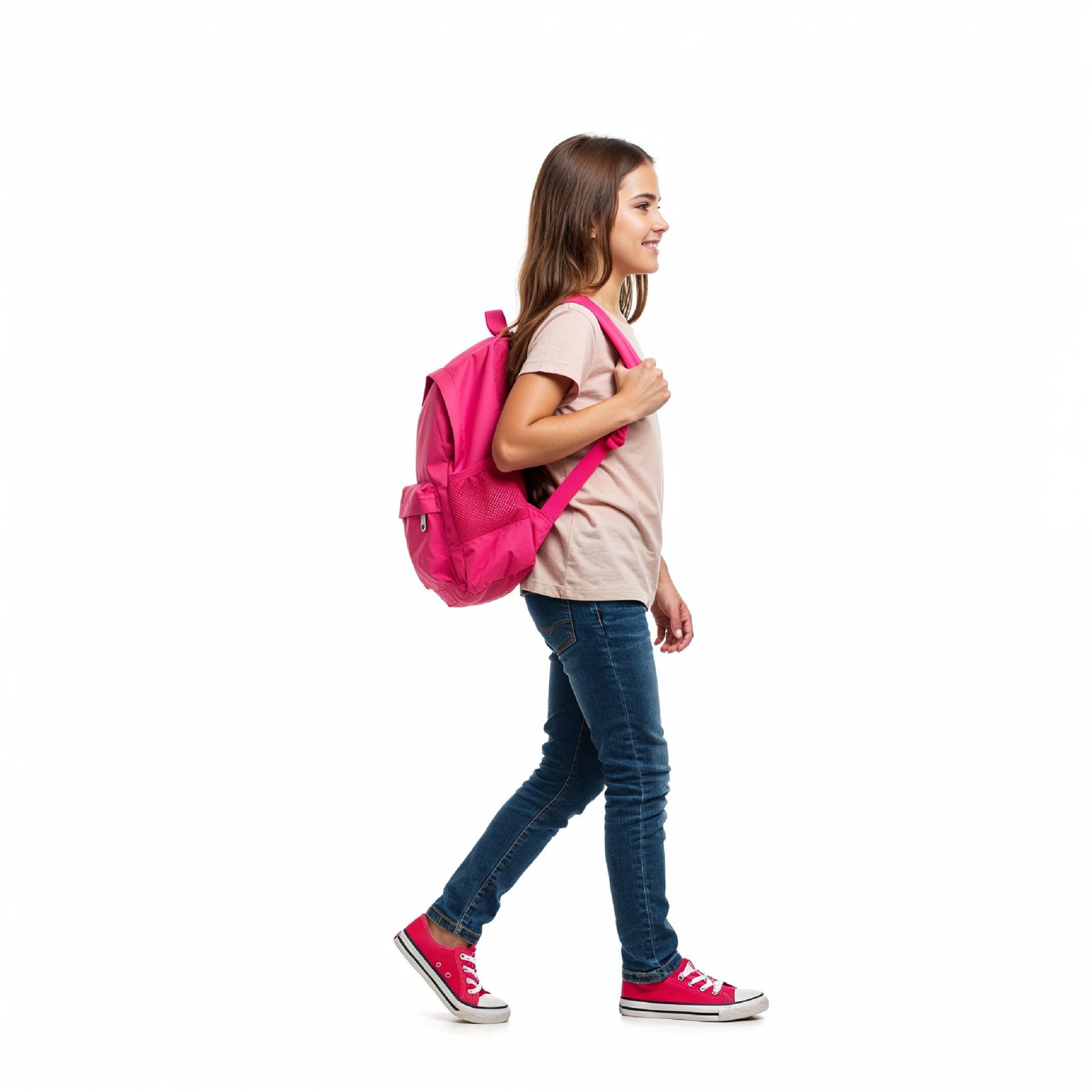 School Girl Walking with Backpack Isolated on White Background Education and Childhood Concept