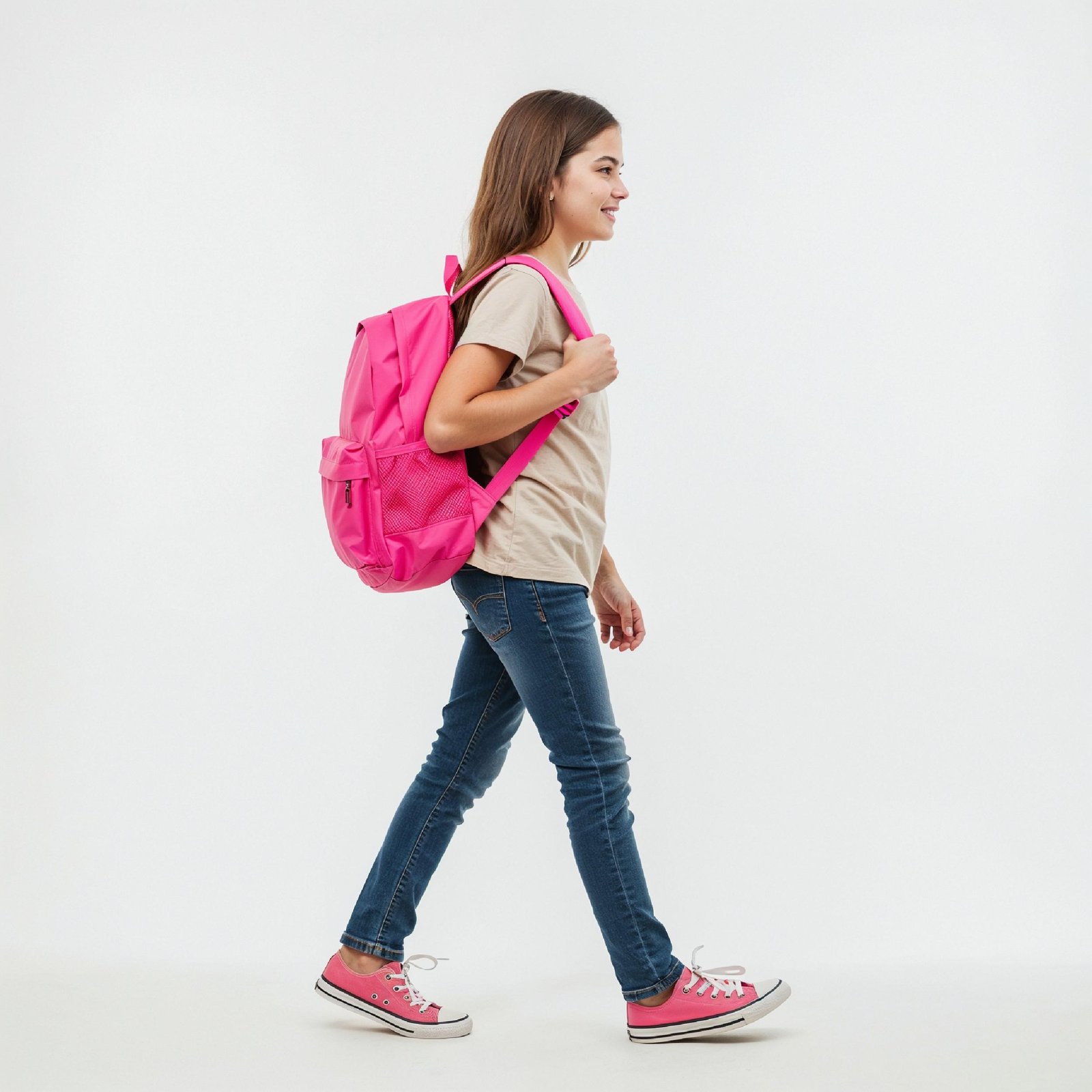 School Girl Walking with Backpack Isolated on White Background Education and Childhood Concept