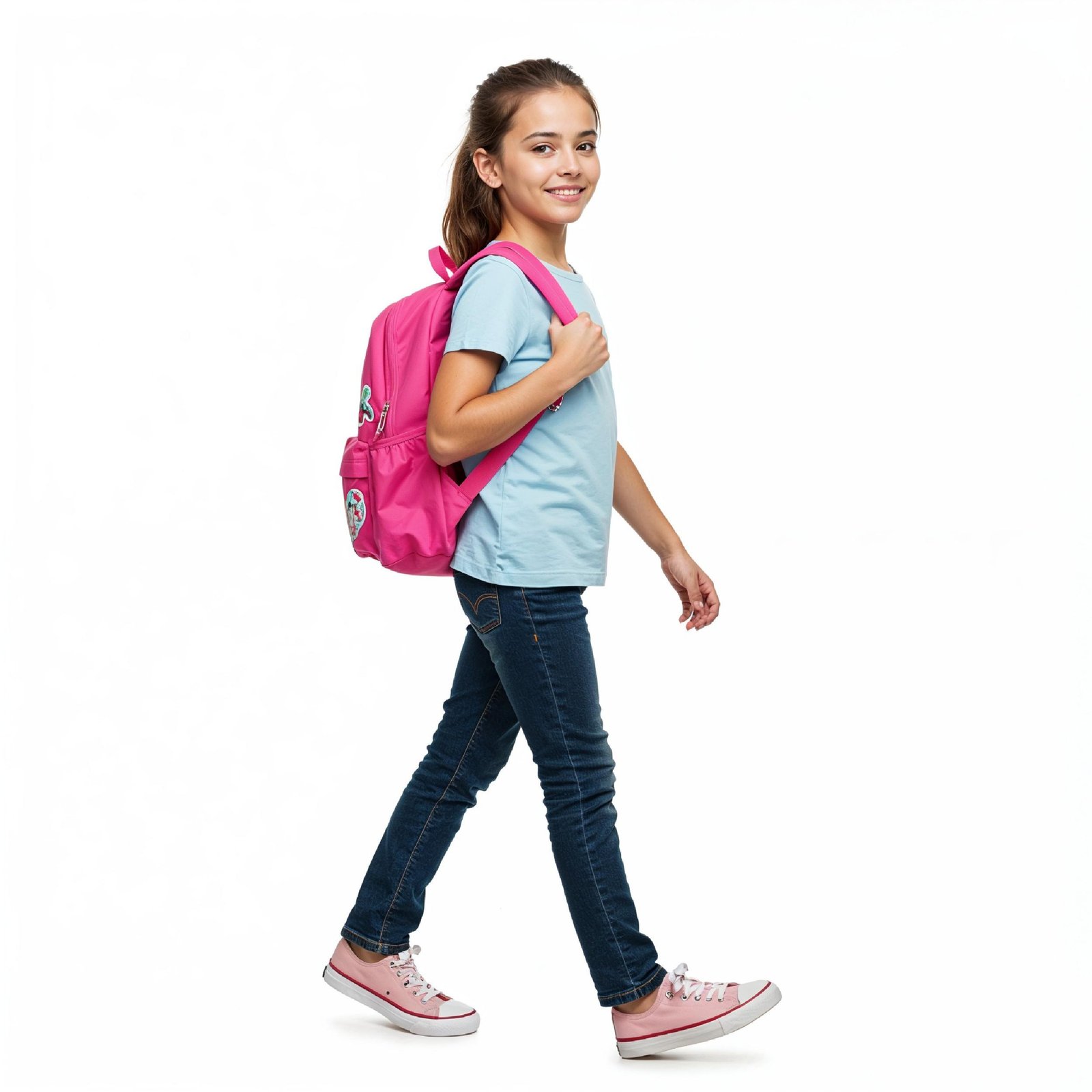 School Girl Walking with Backpack Isolated on White Background Education and Childhood Concept