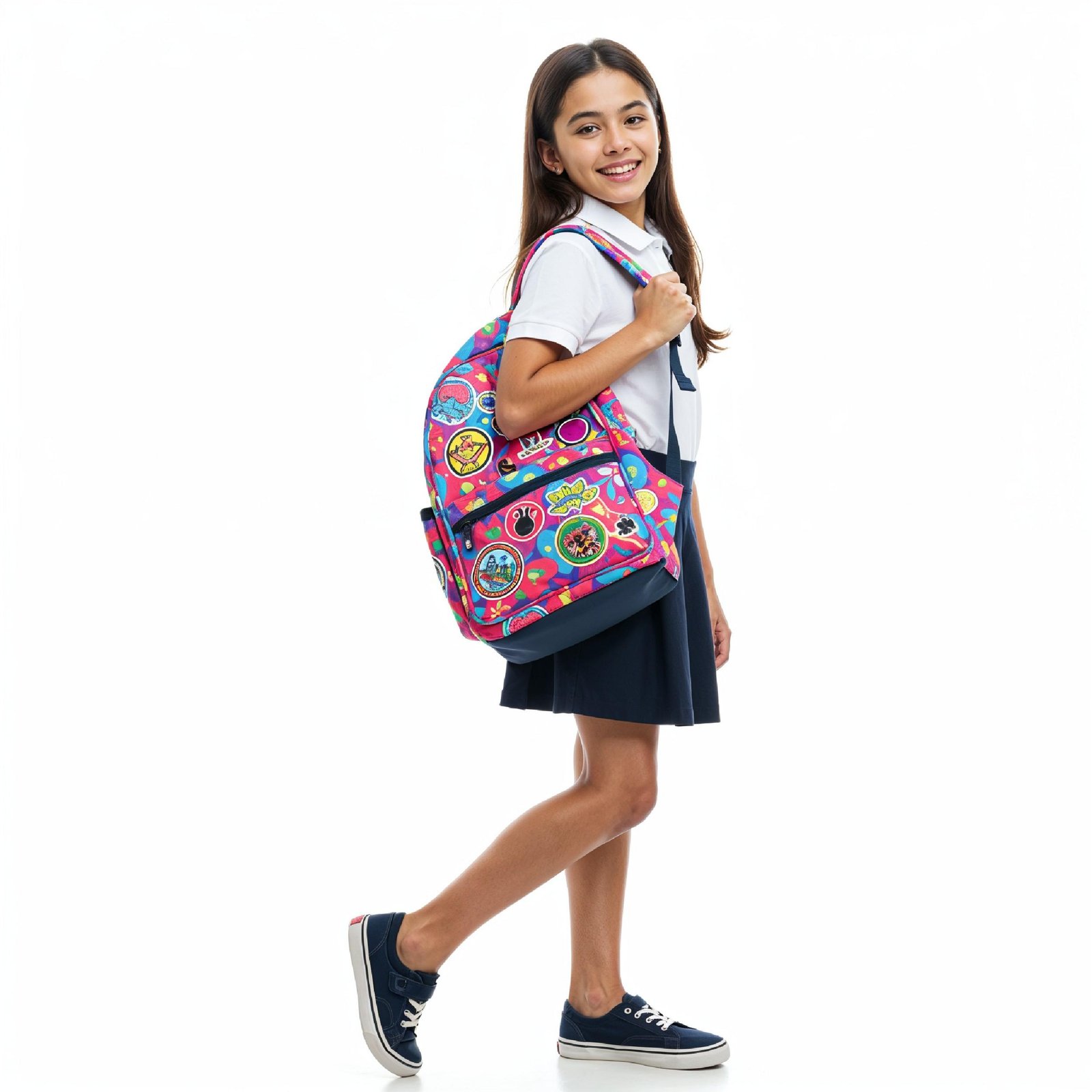 Smiling School Girl with Colorful Backpack Standing in School Uniform Studio Portrait