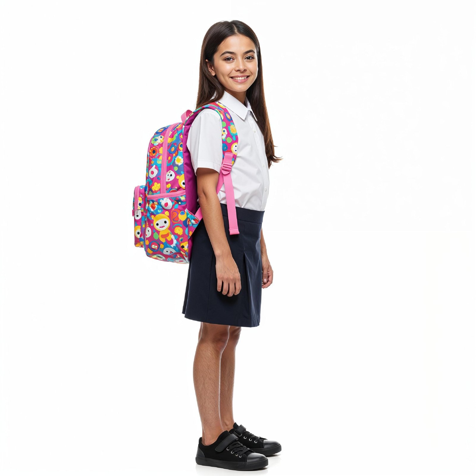 Smiling School Girl with Colorful Backpack Standing in School Uniform Studio Portrait