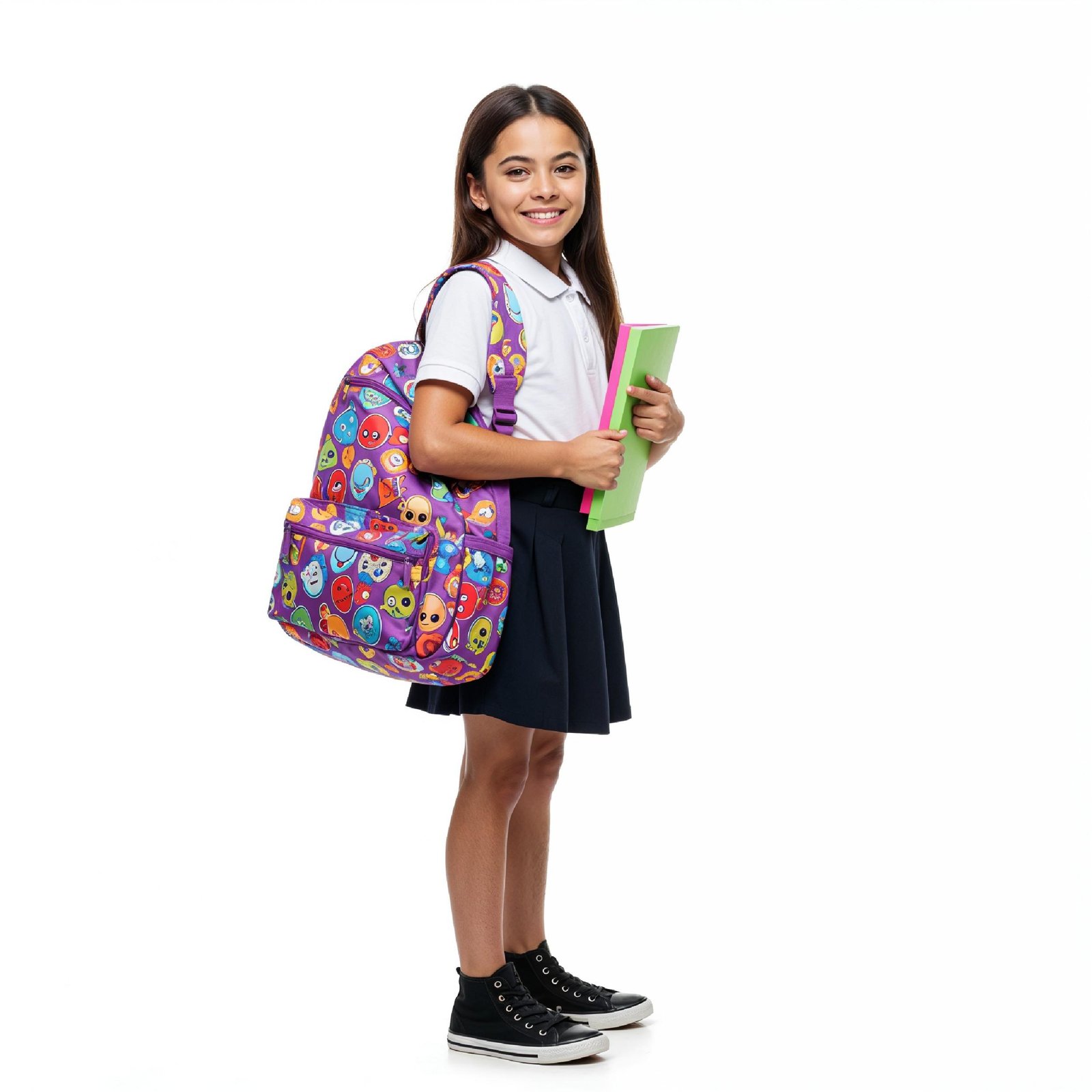 Smiling School Girl with Colorful Backpack Standing in School Uniform Studio Portrait