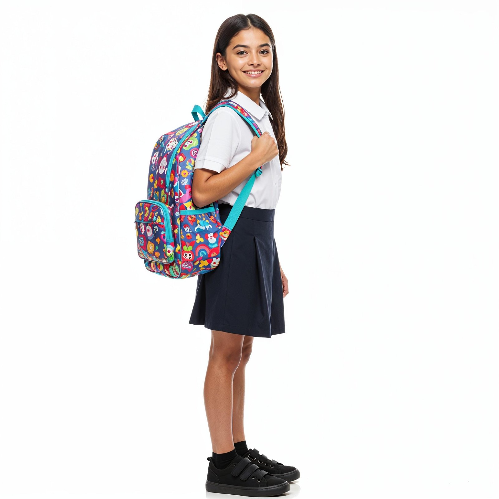 Smiling School Girl with Colorful Backpack Standing in School Uniform Studio Portrait
