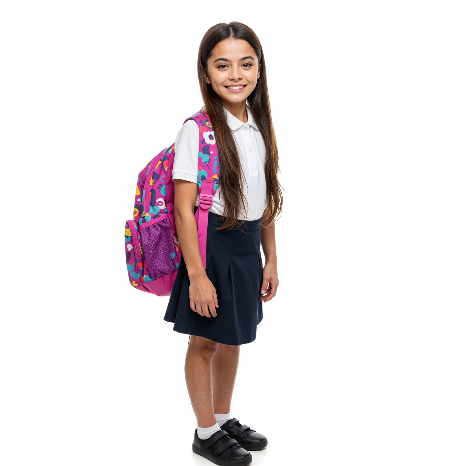Smiling School Girl with Colorful Backpack Standing in School Uniform Studio Portrait