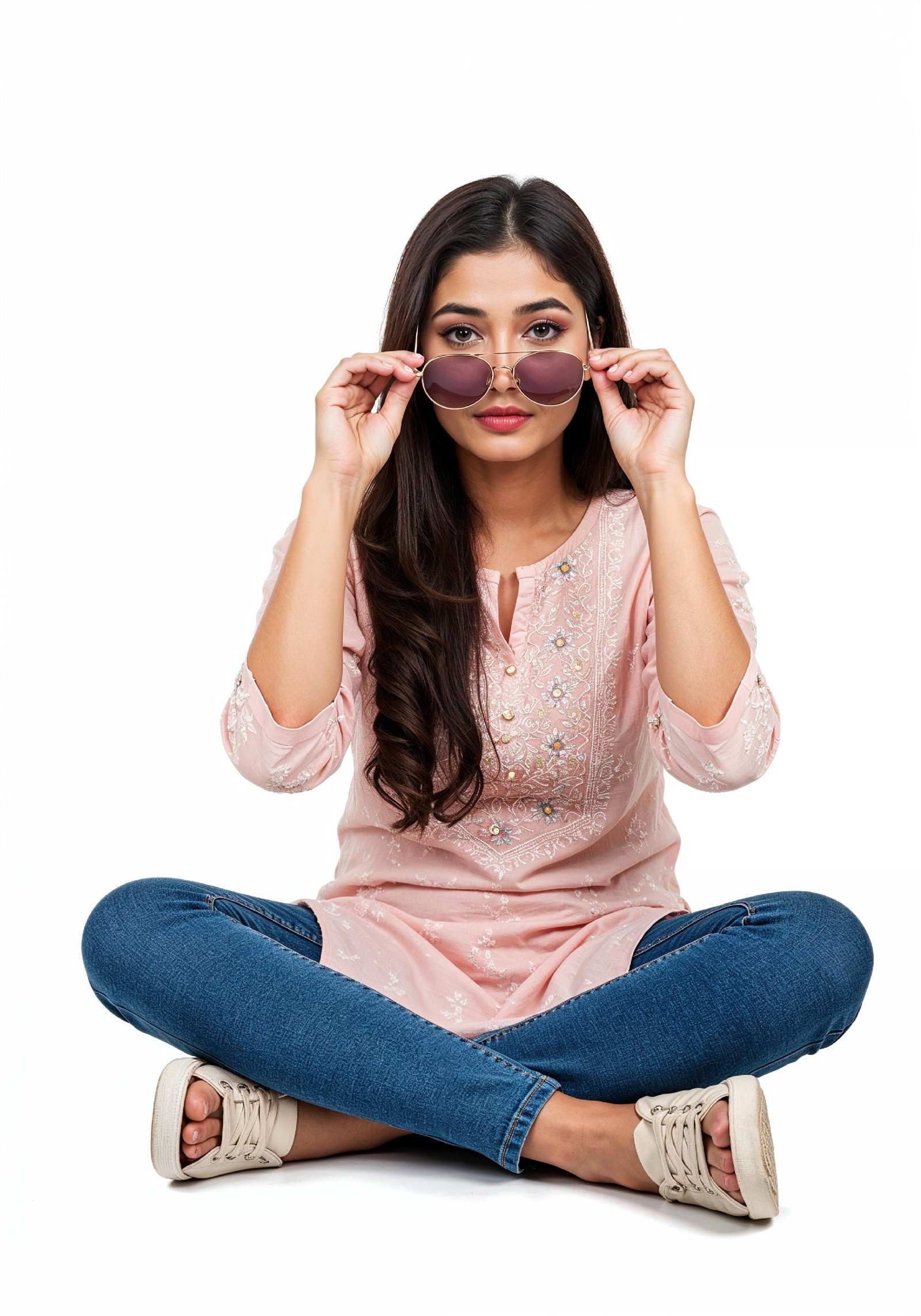 Smiling Young Woman Sitting Cross Legged Wearing Sunglasses Casual Lifestyle Portrait