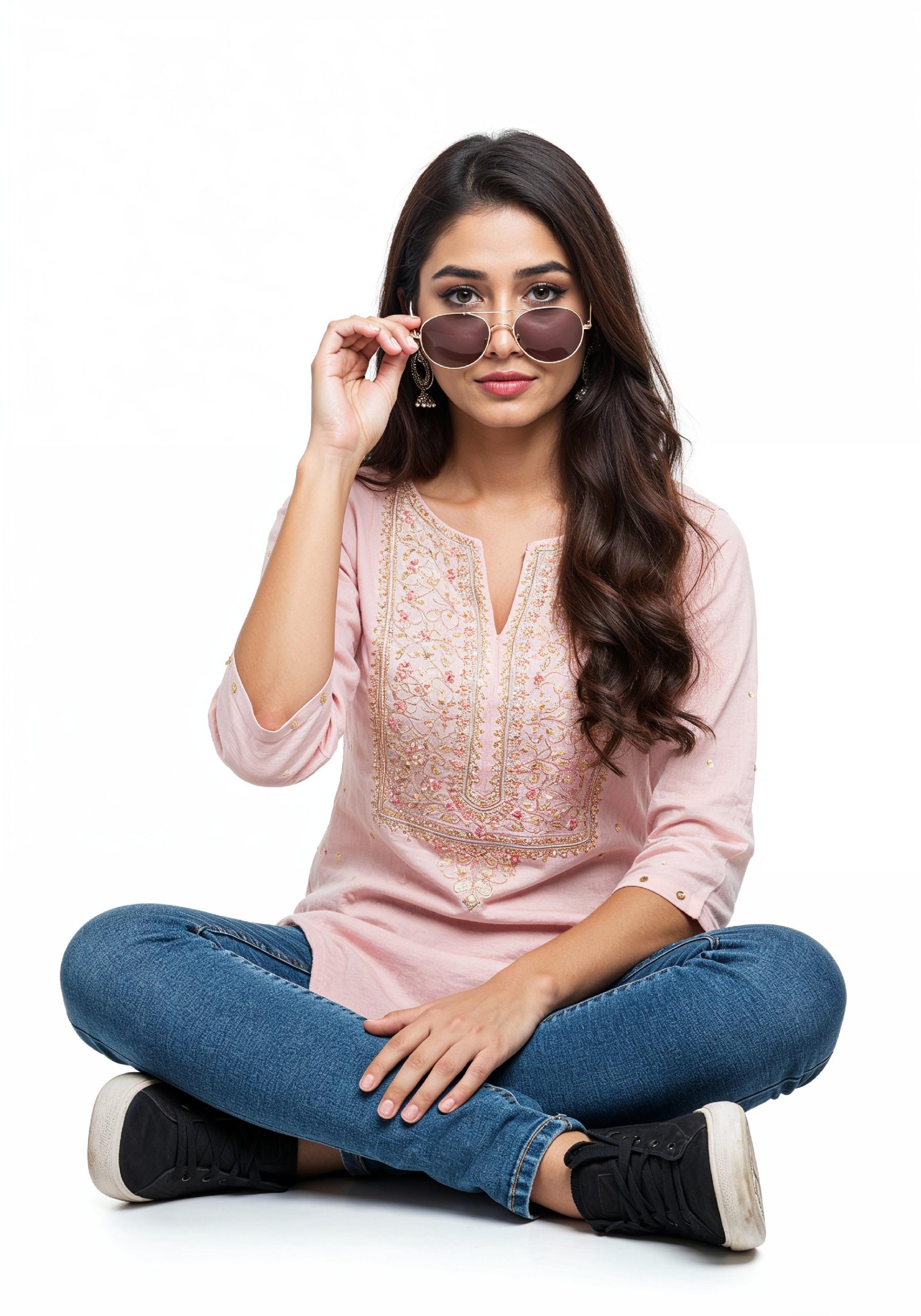 Smiling Young Woman Sitting Cross Legged Wearing Sunglasses Casual Lifestyle Portrait
