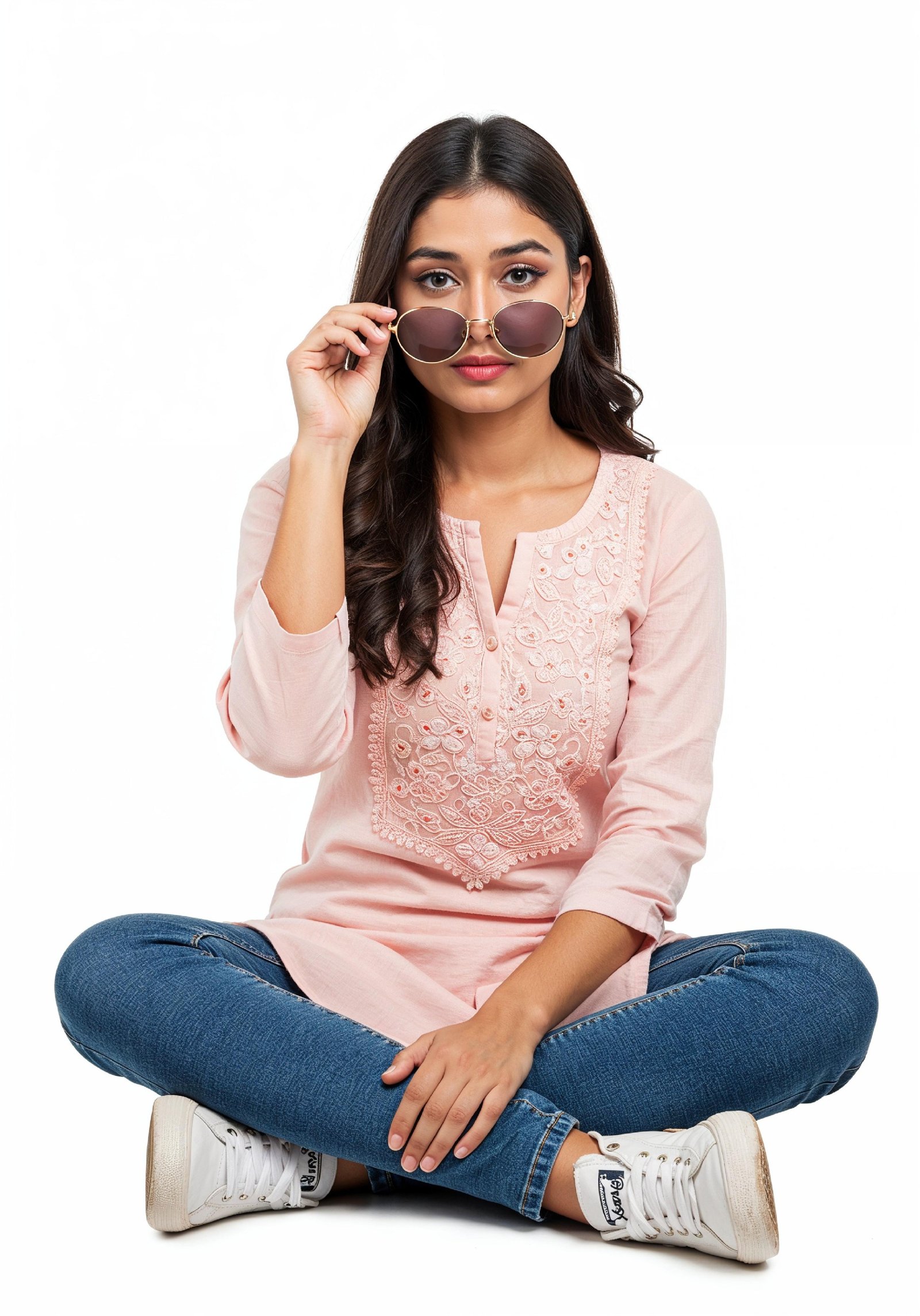 Smiling Young Woman Sitting Cross Legged Wearing Sunglasses Casual Lifestyle Portrait