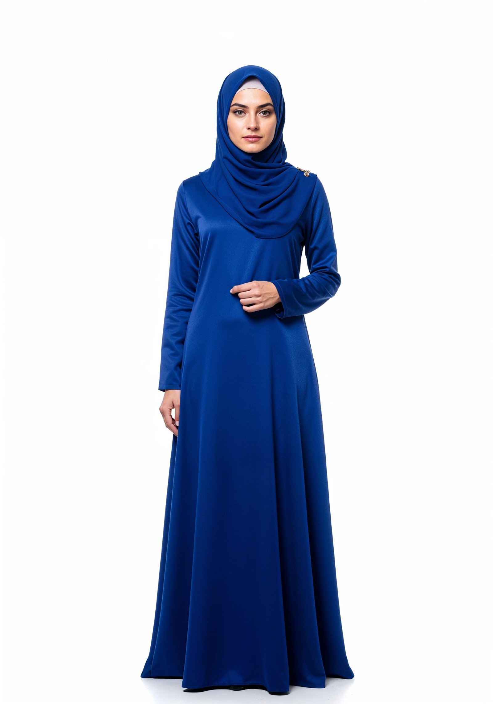 Stylish Young Muslim Woman in Royal Blue Abaya and Hijab Full Length Fashion Portrait
