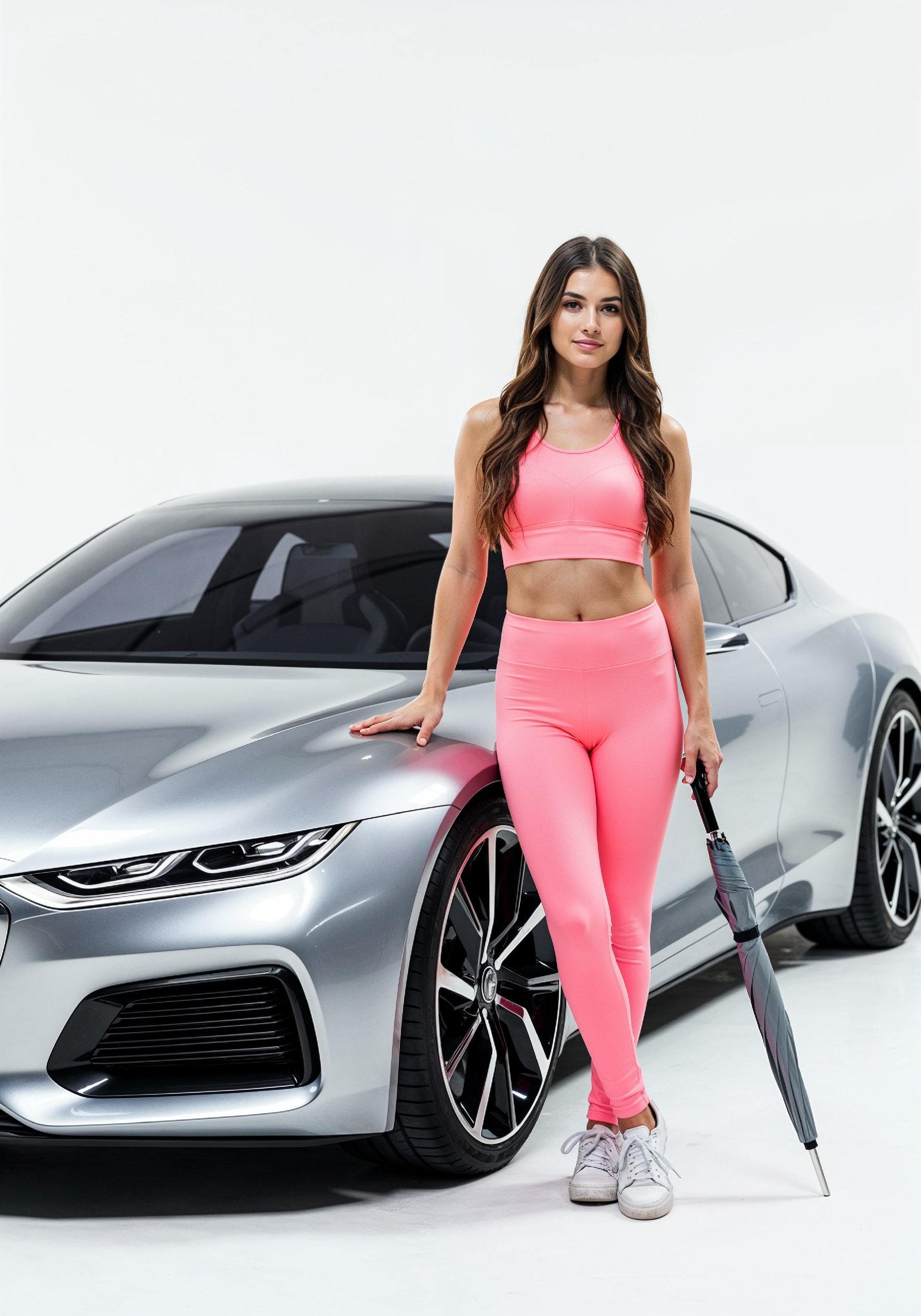 Stylish Young Woman Holding Umbrella Near Classic Vintage Car Fashion Portrait
