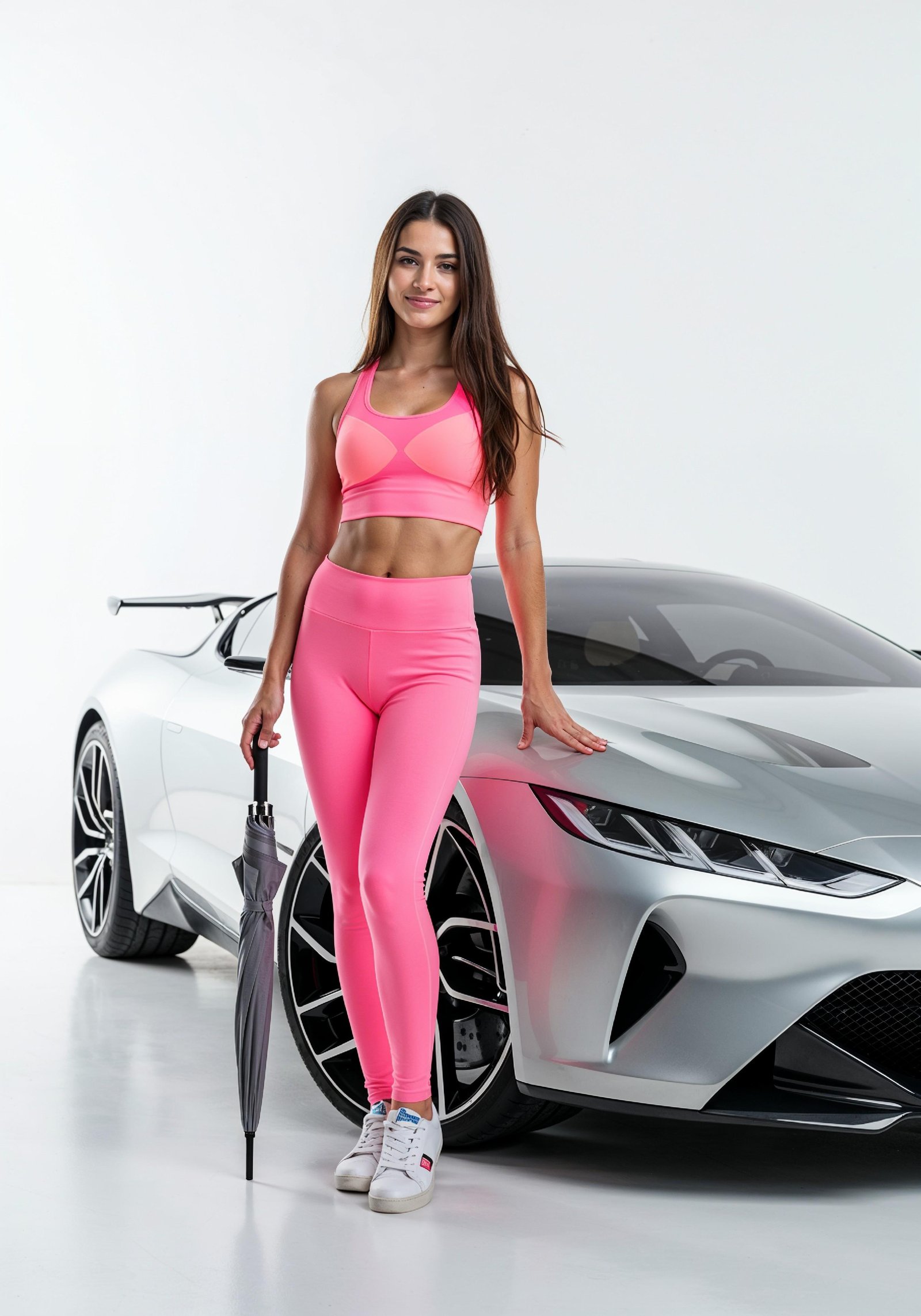 Stylish Young Woman Holding Umbrella Near Classic Vintage Car Fashion Portrait