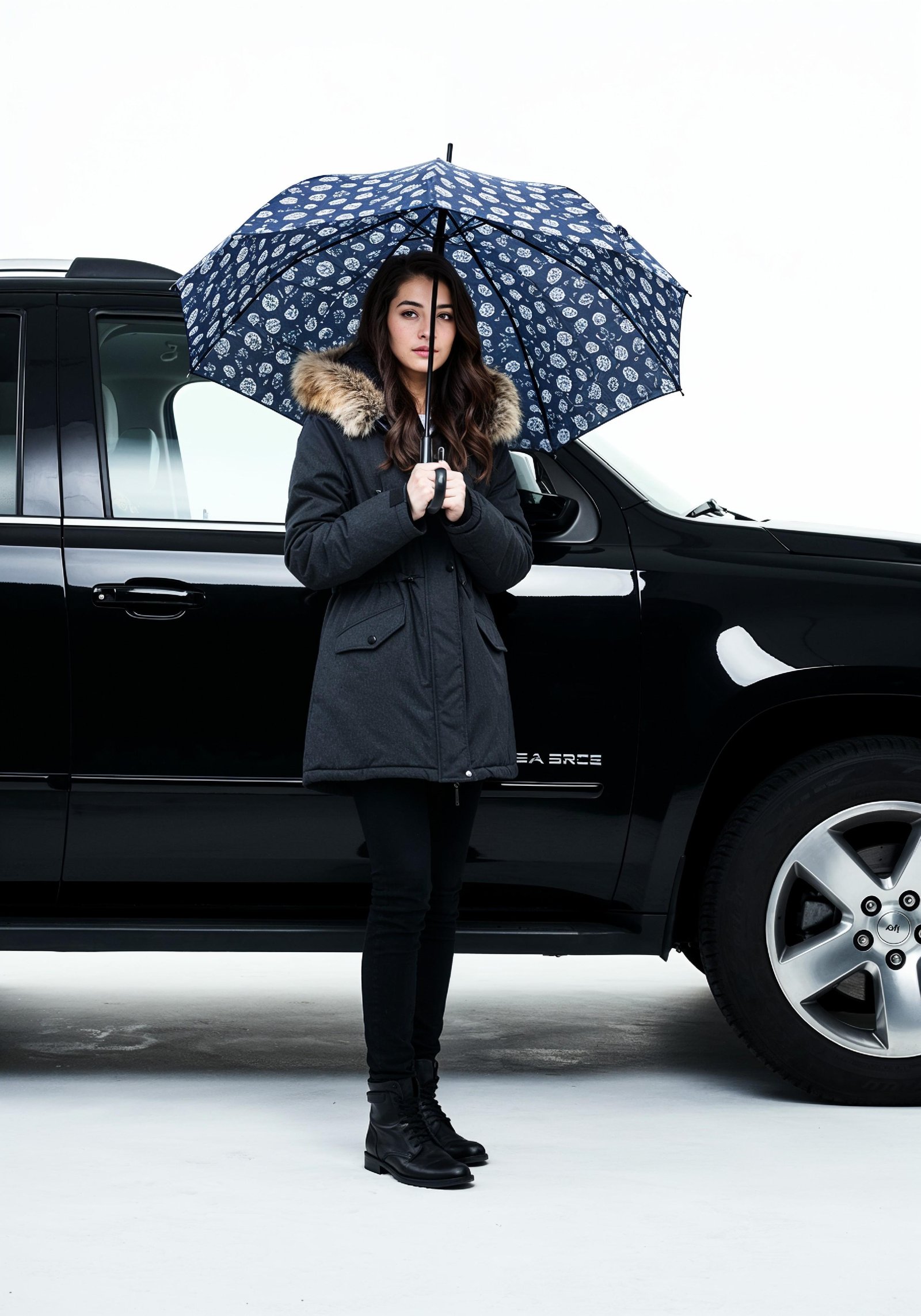 Stylish Young Woman Holding Umbrella Near Classic Vintage Car Fashion Portrait