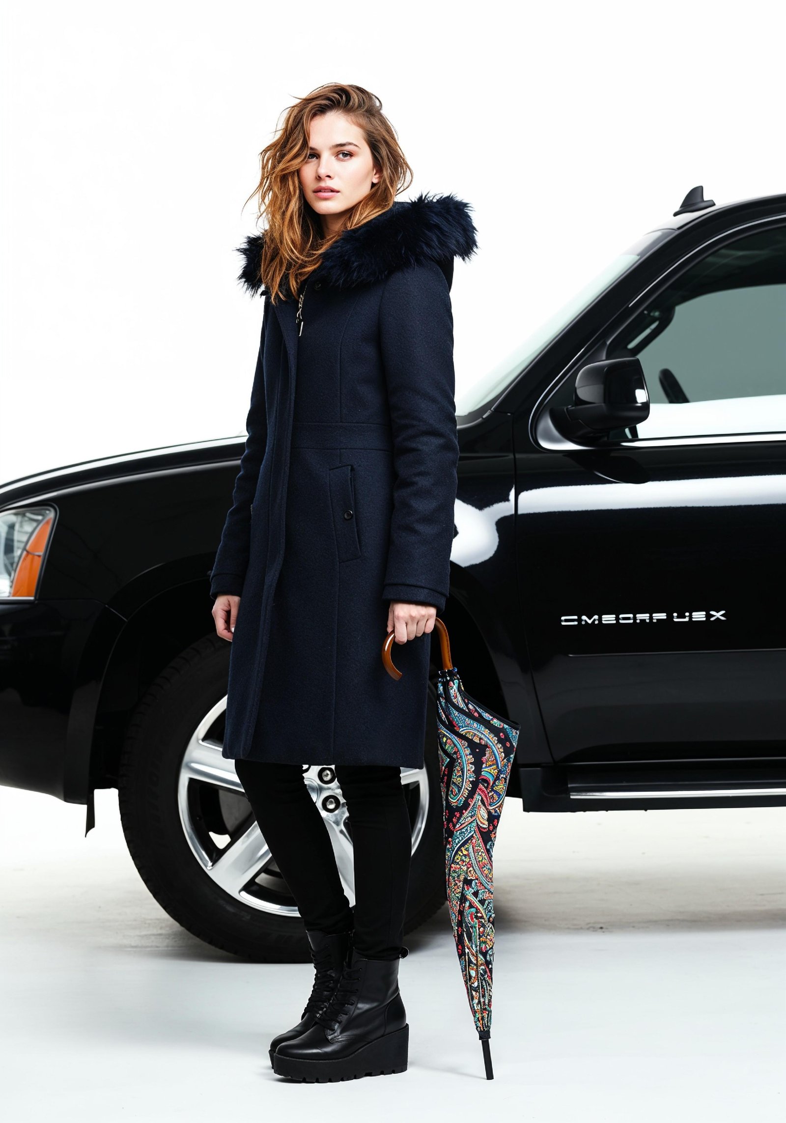 Stylish Young Woman Holding Umbrella Near Classic Vintage Car Fashion Portrait