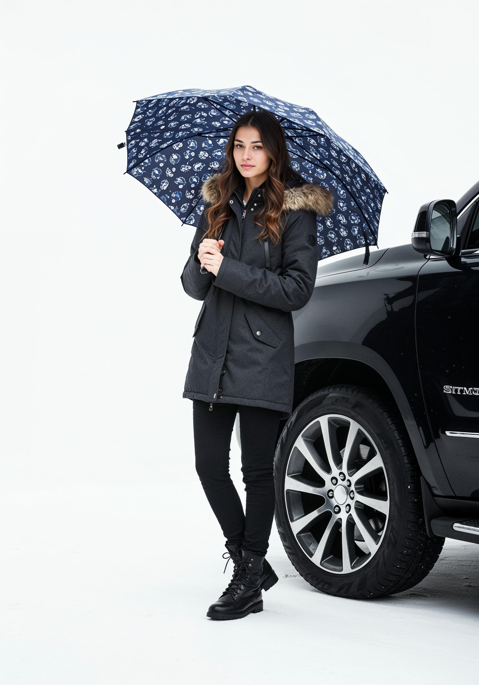 Stylish Young Woman Holding Umbrella Near Classic Vintage Car Fashion Portrait