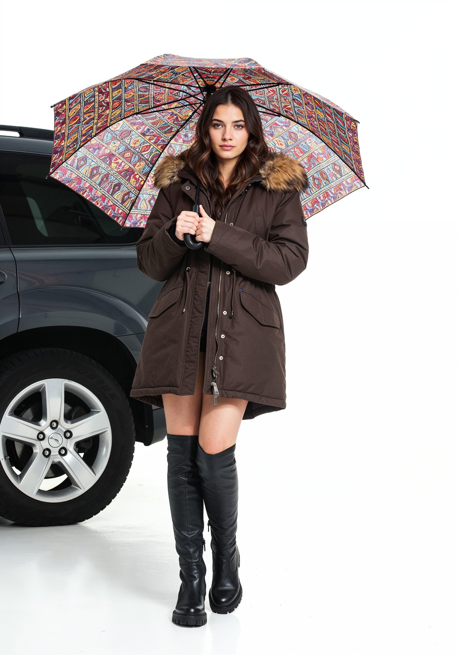 Stylish Young Woman Holding Umbrella Near Classic Vintage Car Fashion Portrait