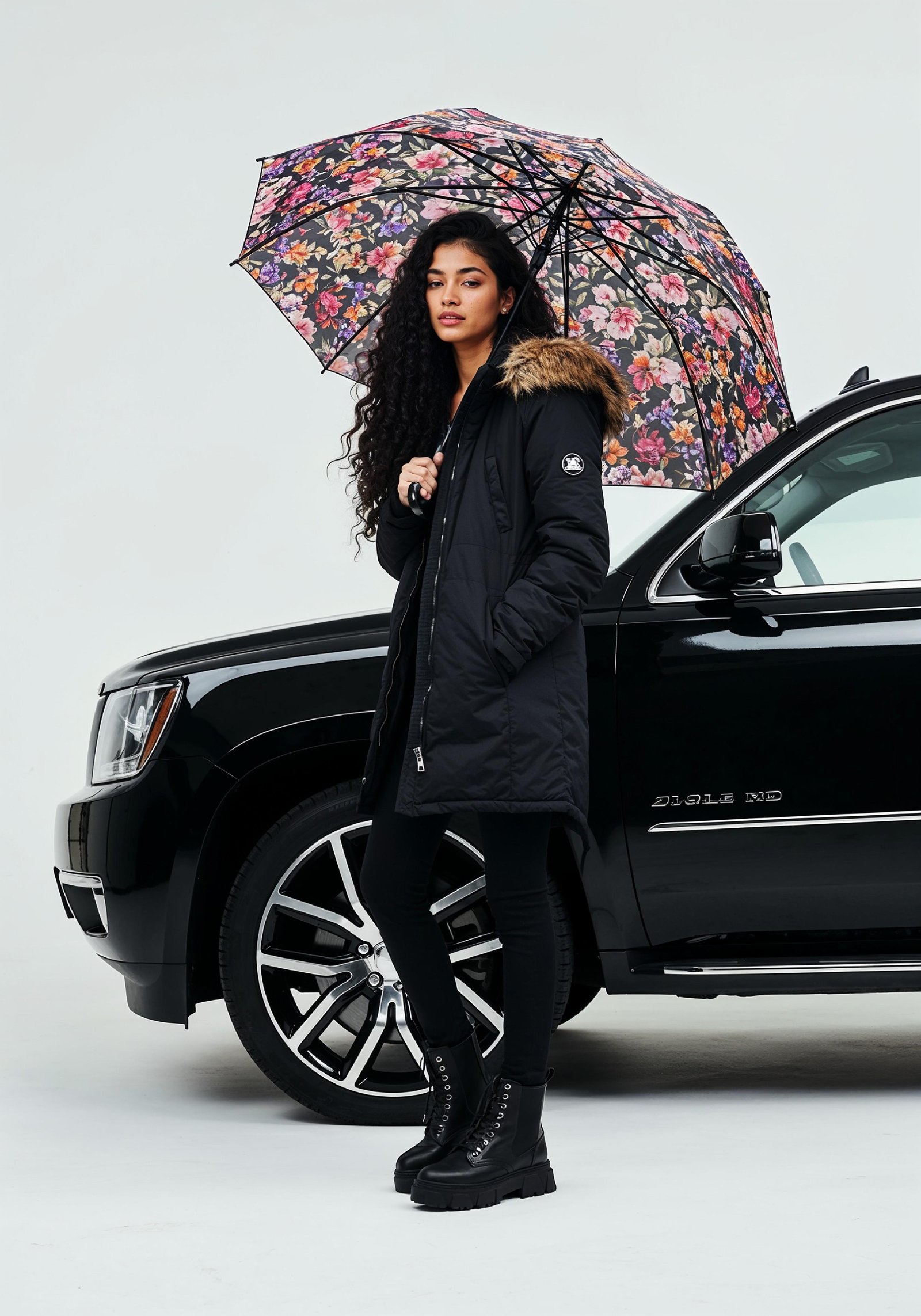 Stylish Young Woman Holding Umbrella Near Classic Vintage Car Fashion Portrait