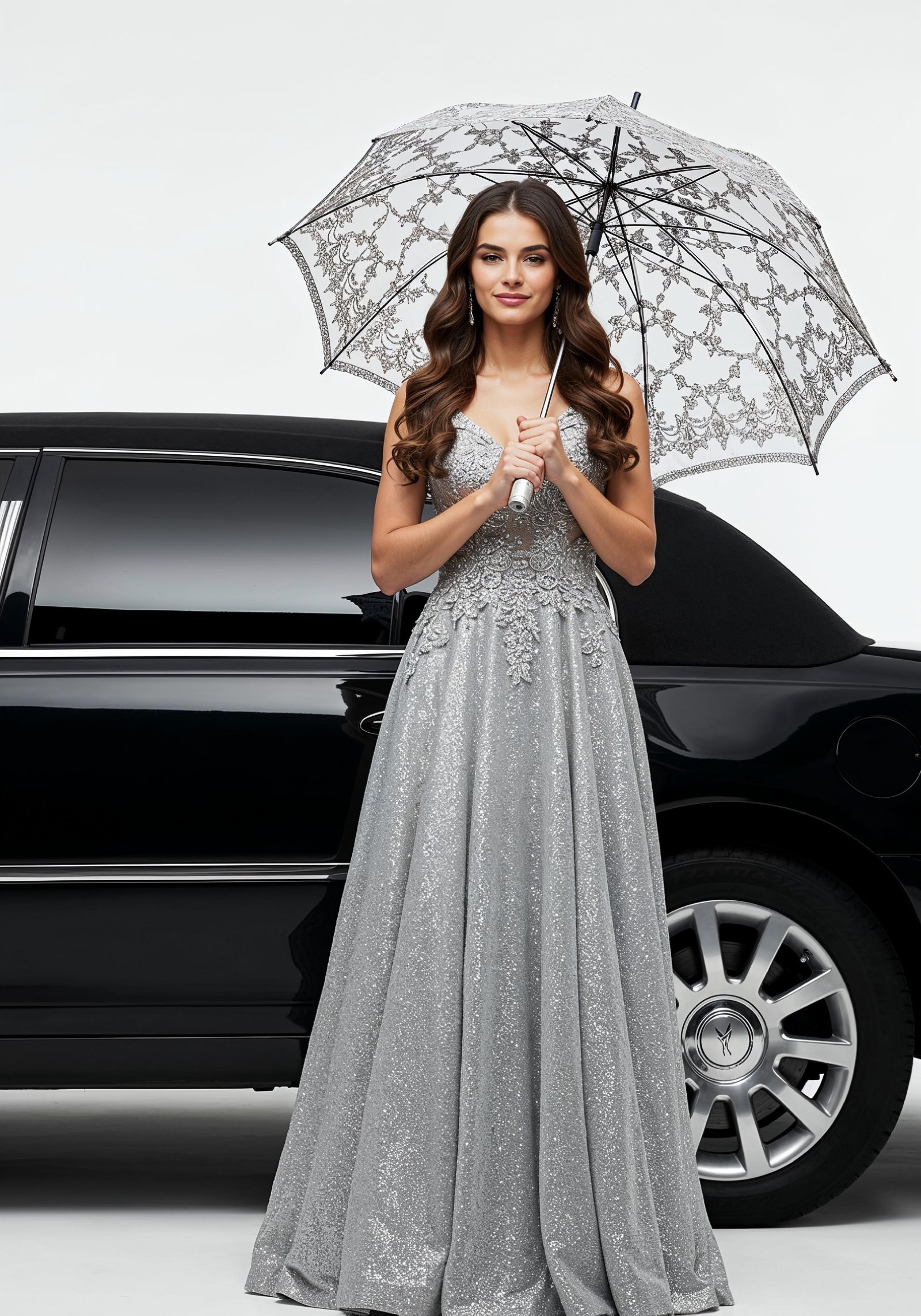 Stylish Young Woman Holding Umbrella Near Classic Vintage Car Fashion Portrait