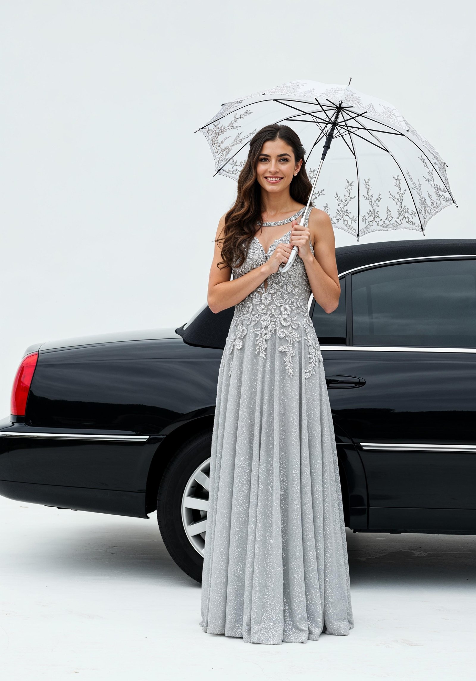 Stylish Young Woman Holding Umbrella Near Classic Vintage Car Fashion Portrait