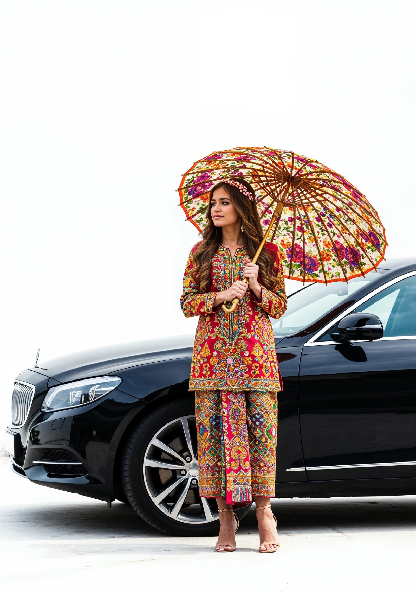 Stylish Young Woman Holding Umbrella Near Classic Vintage Car Fashion Portrait