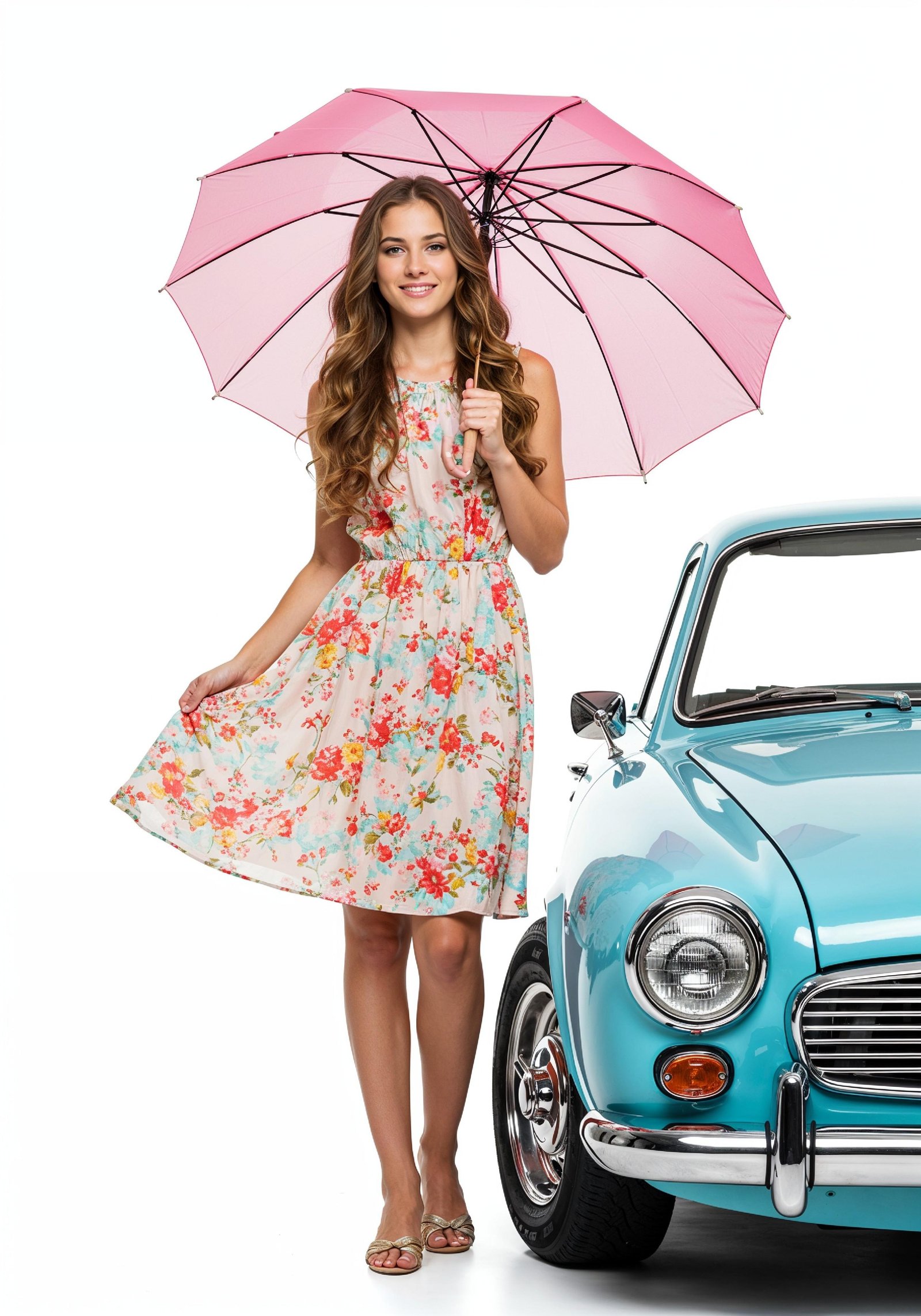Stylish Young Woman Holding Umbrella Near Classic Vintage Car Fashion Portrait