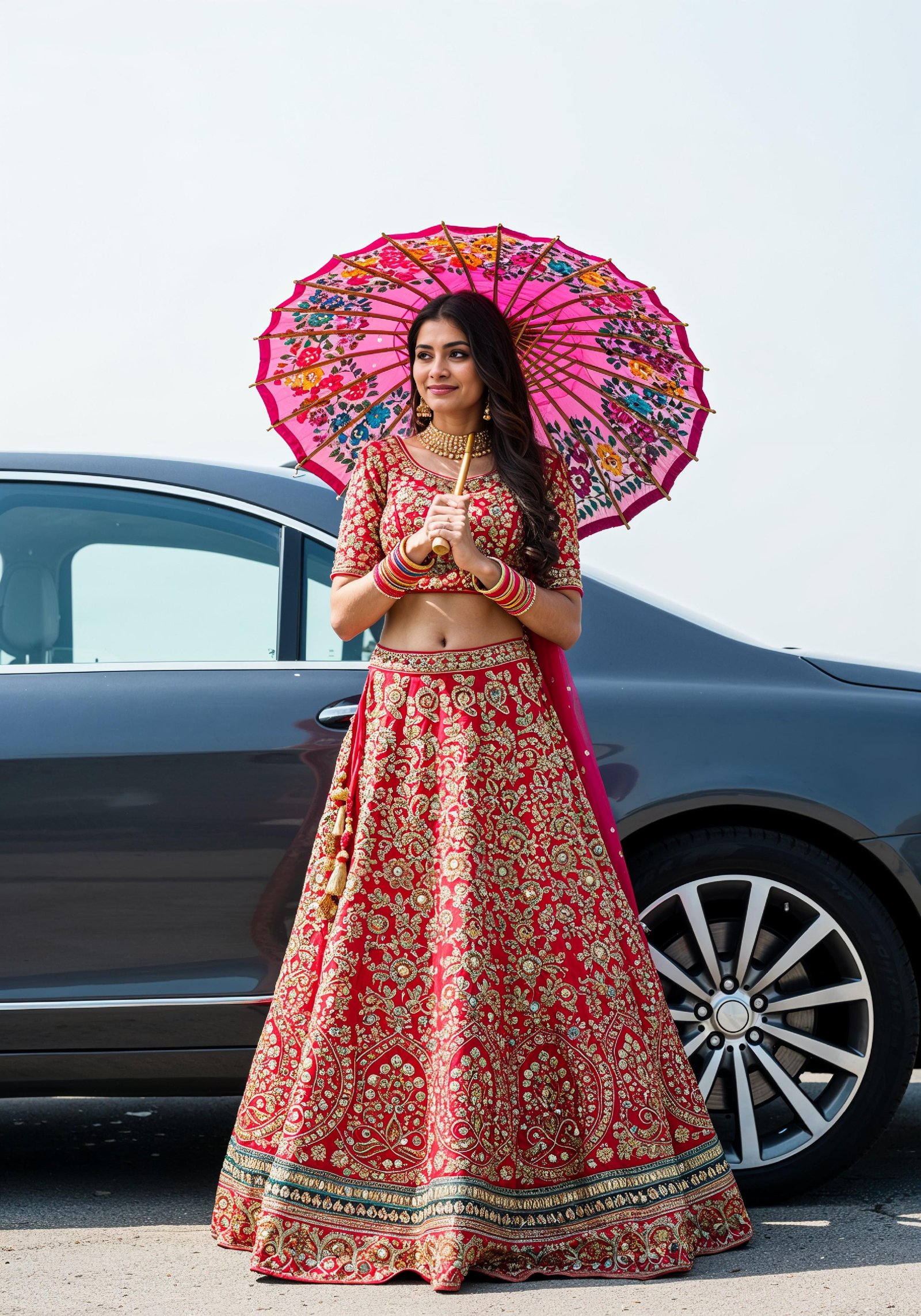 Stylish Young Woman Holding Umbrella Near Classic Vintage Car Fashion Portrait