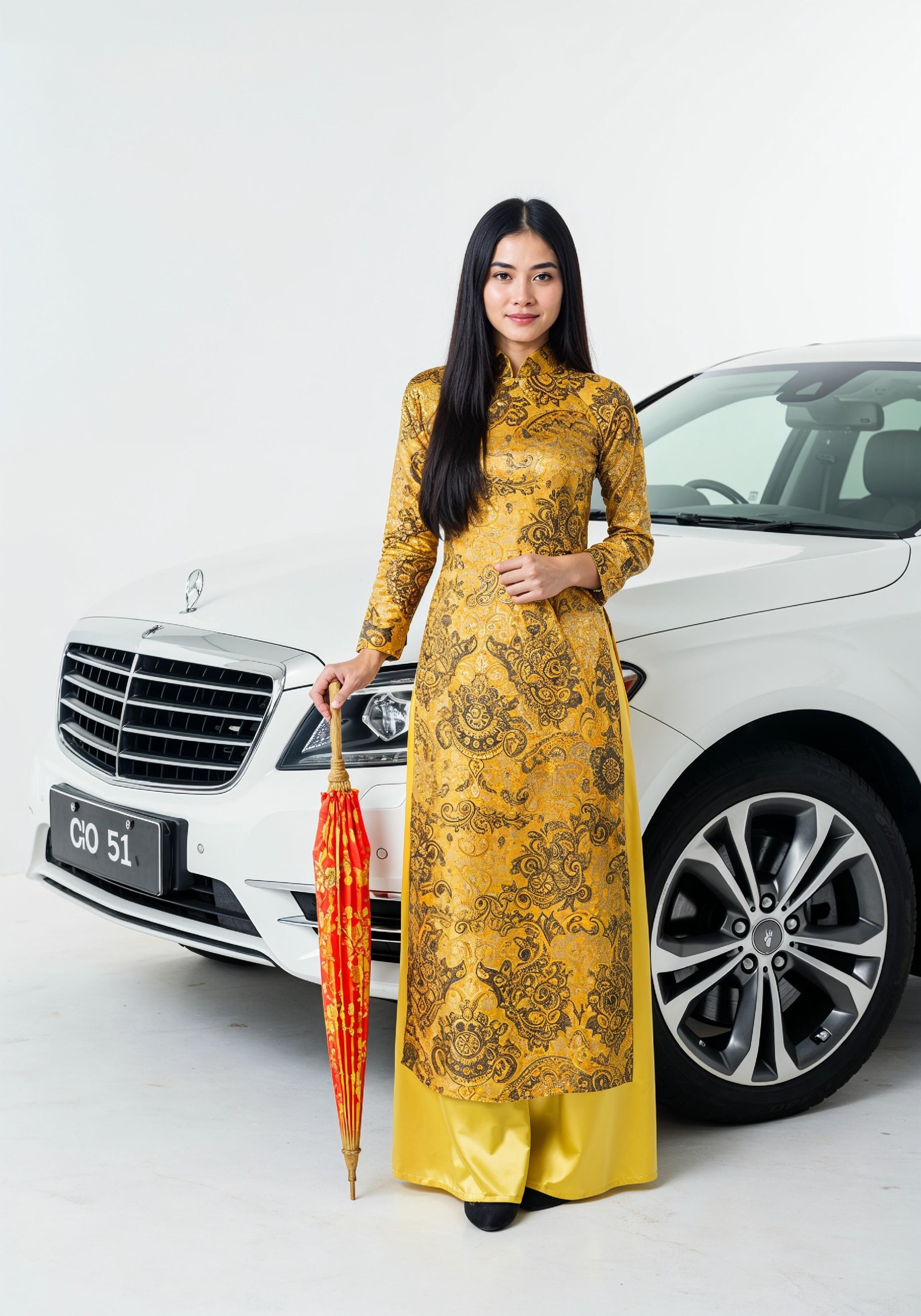Stylish Young Woman Holding Umbrella Near Classic Vintage Car Fashion Portrait