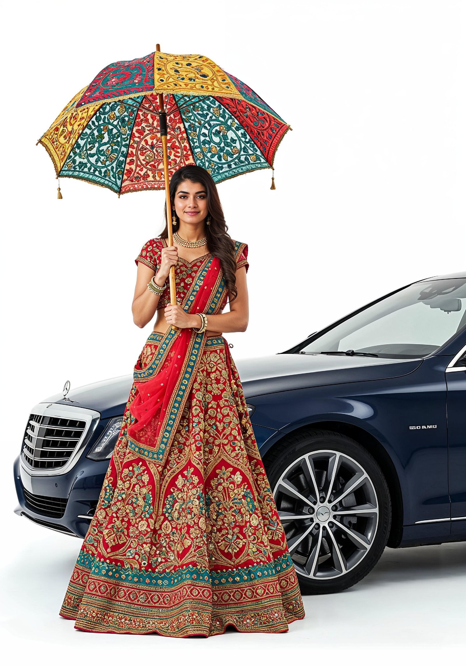 Stylish Young Woman Holding Umbrella Near Classic Vintage Car Fashion Portrait