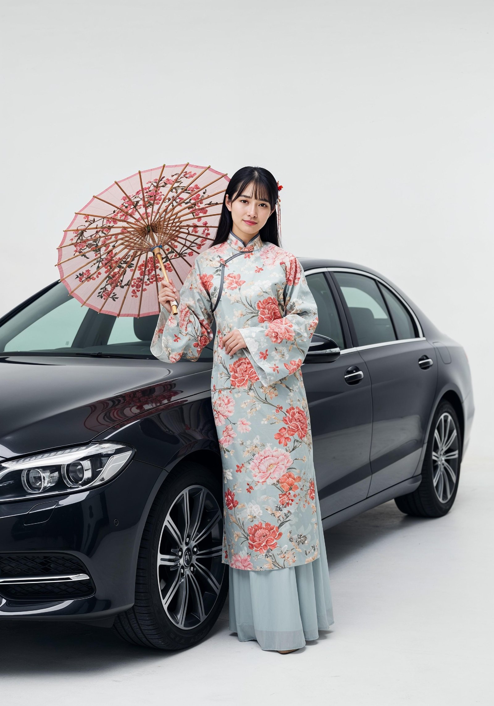 Stylish Young Woman Holding Umbrella Near Classic Vintage Car Fashion Portrait