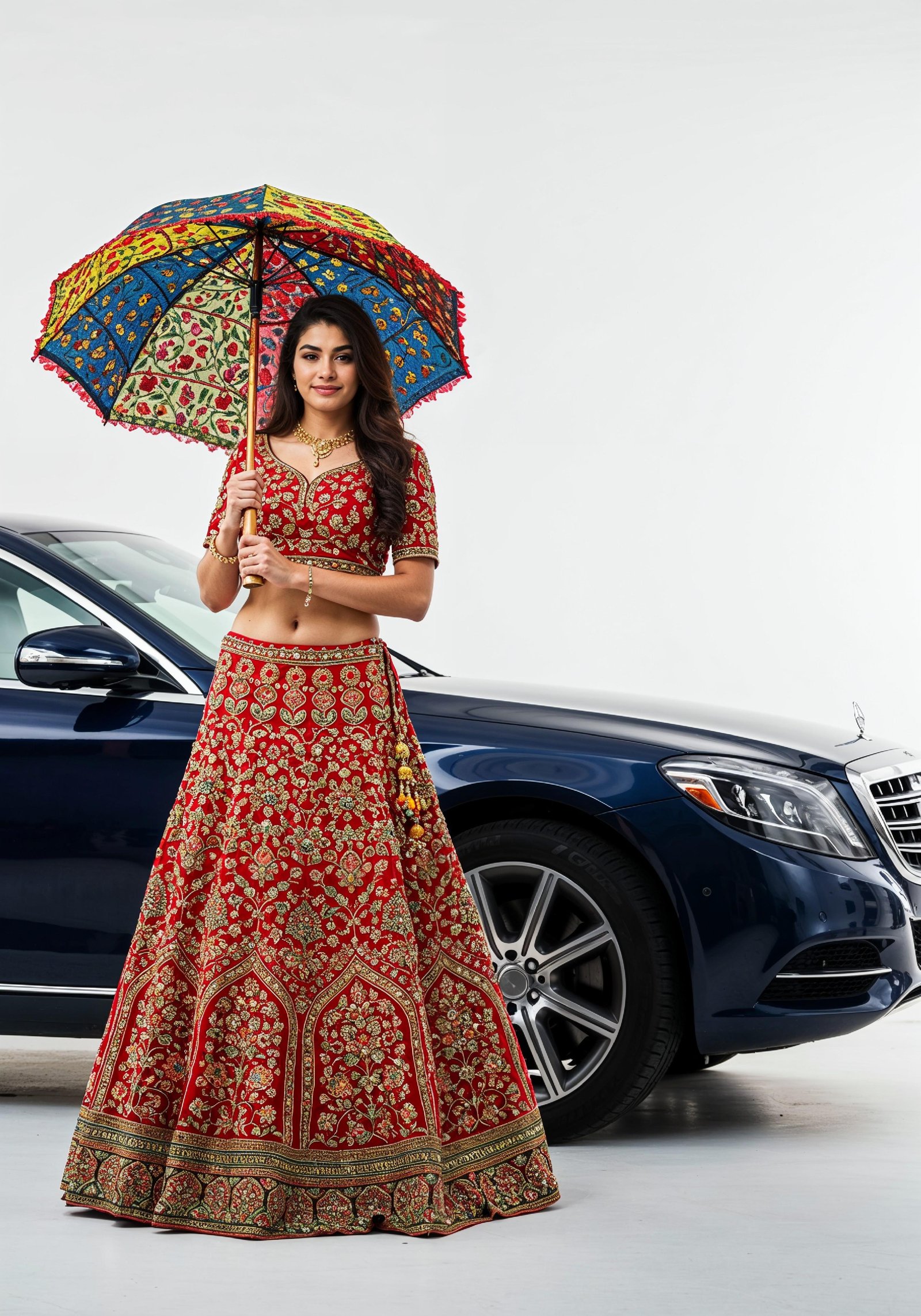 Stylish Young Woman Holding Umbrella Near Classic Vintage Car Fashion Portrait