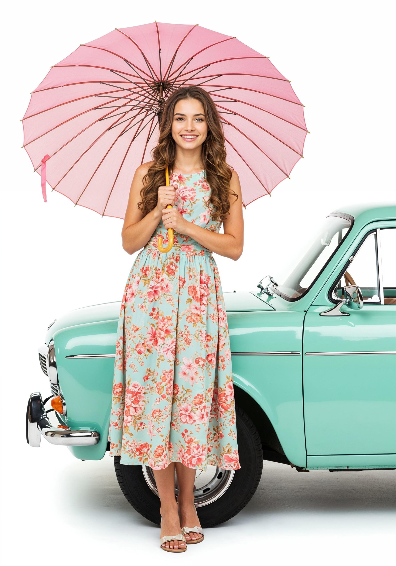 Stylish Young Woman Holding Umbrella Near Classic Vintage Car Fashion Portrait