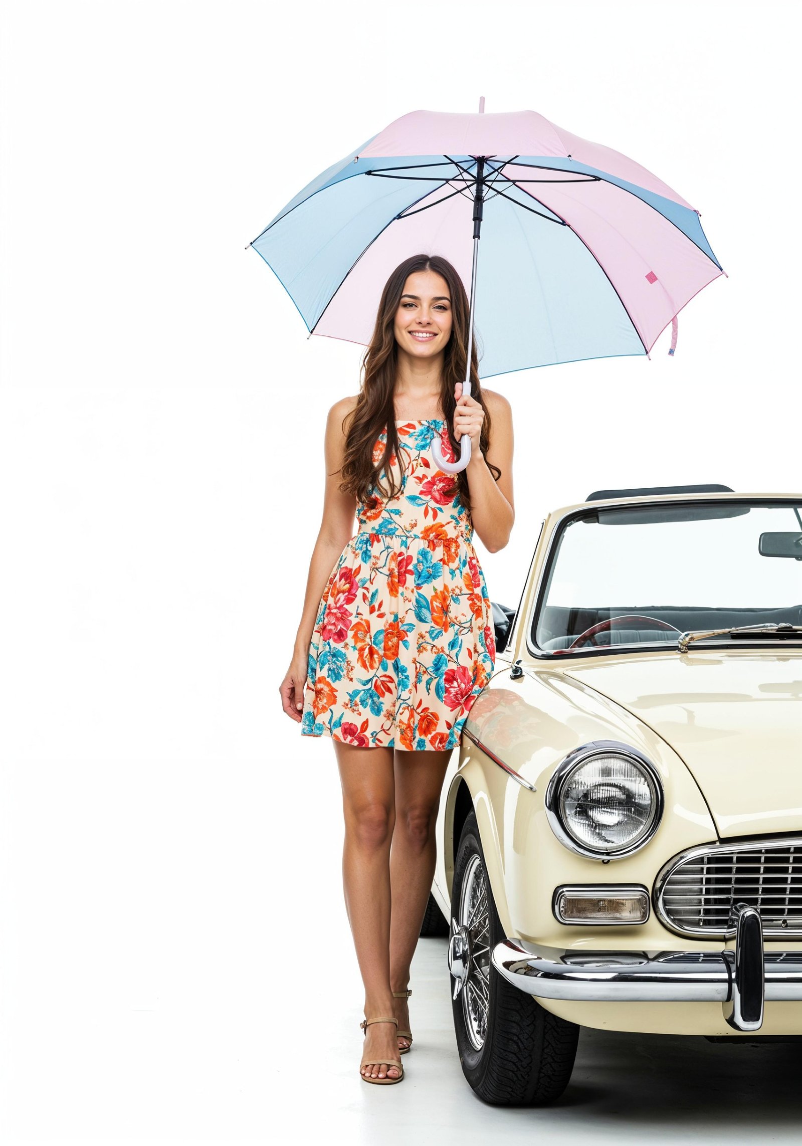 Stylish Young Woman Holding Umbrella Near Classic Vintage Car Fashion Portrait