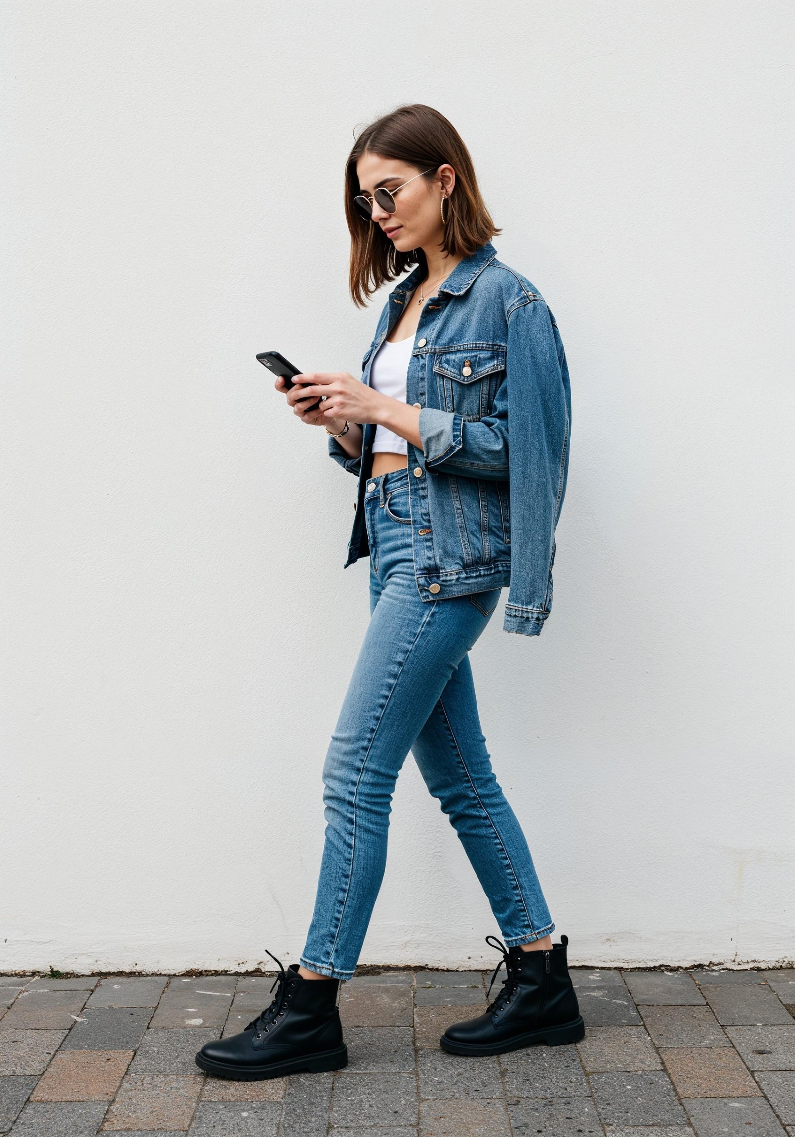 Stylish Young Woman in Denim Jacket and Jeans Casual Street Fashion Portrait