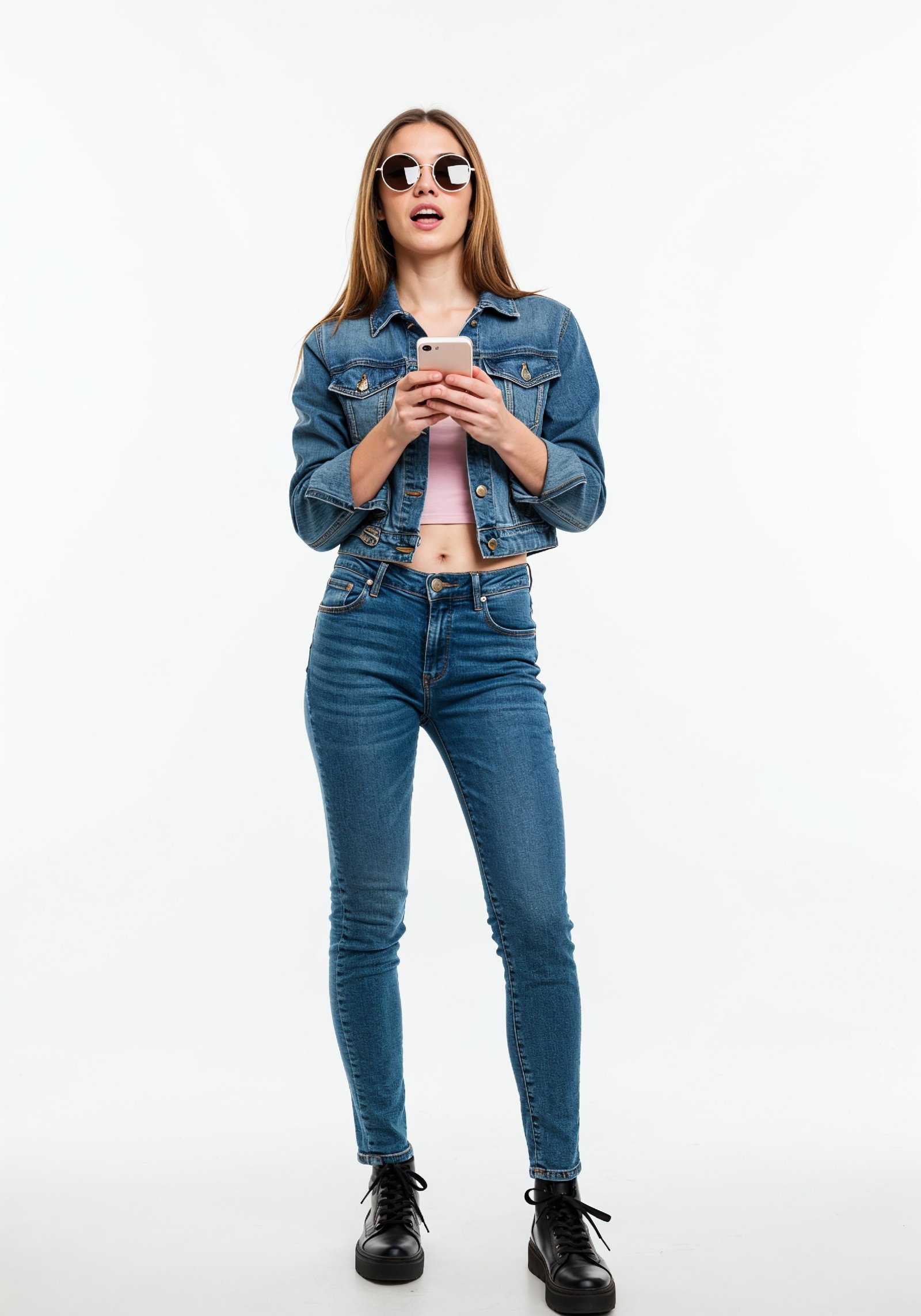 Stylish Young Woman in Denim Jacket and Jeans Casual Street Fashion Portrait