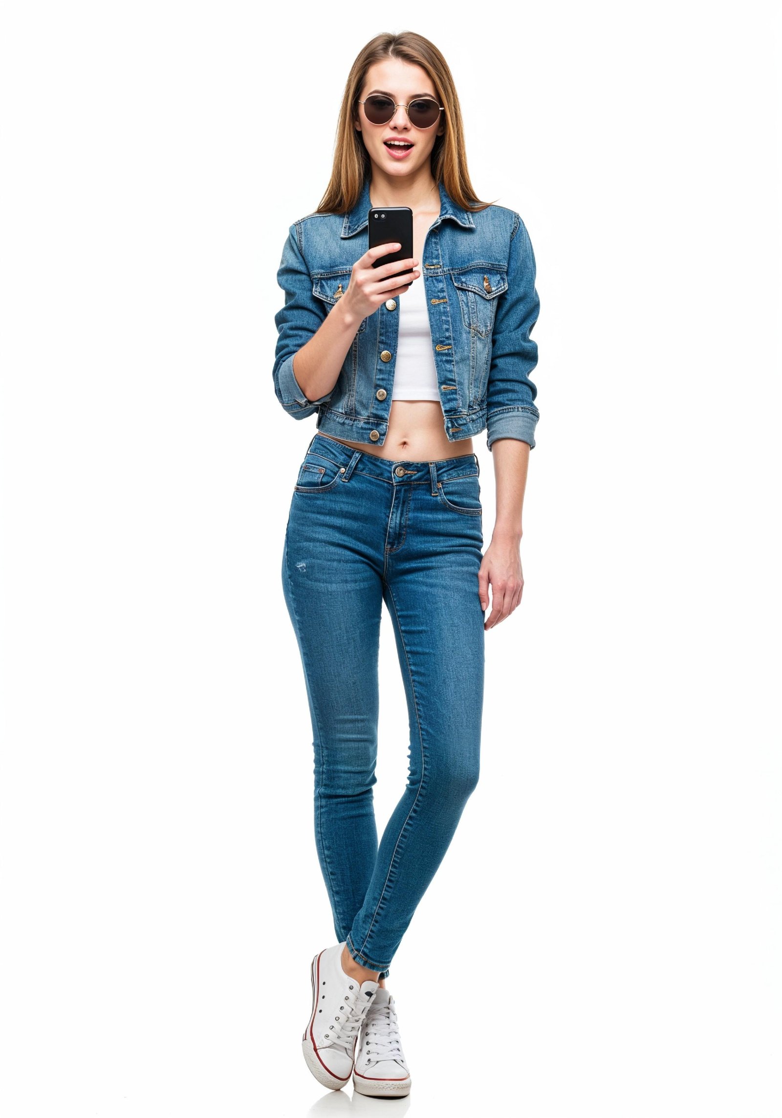 Stylish Young Woman in Denim Jacket and Jeans Casual Street Fashion Portrait