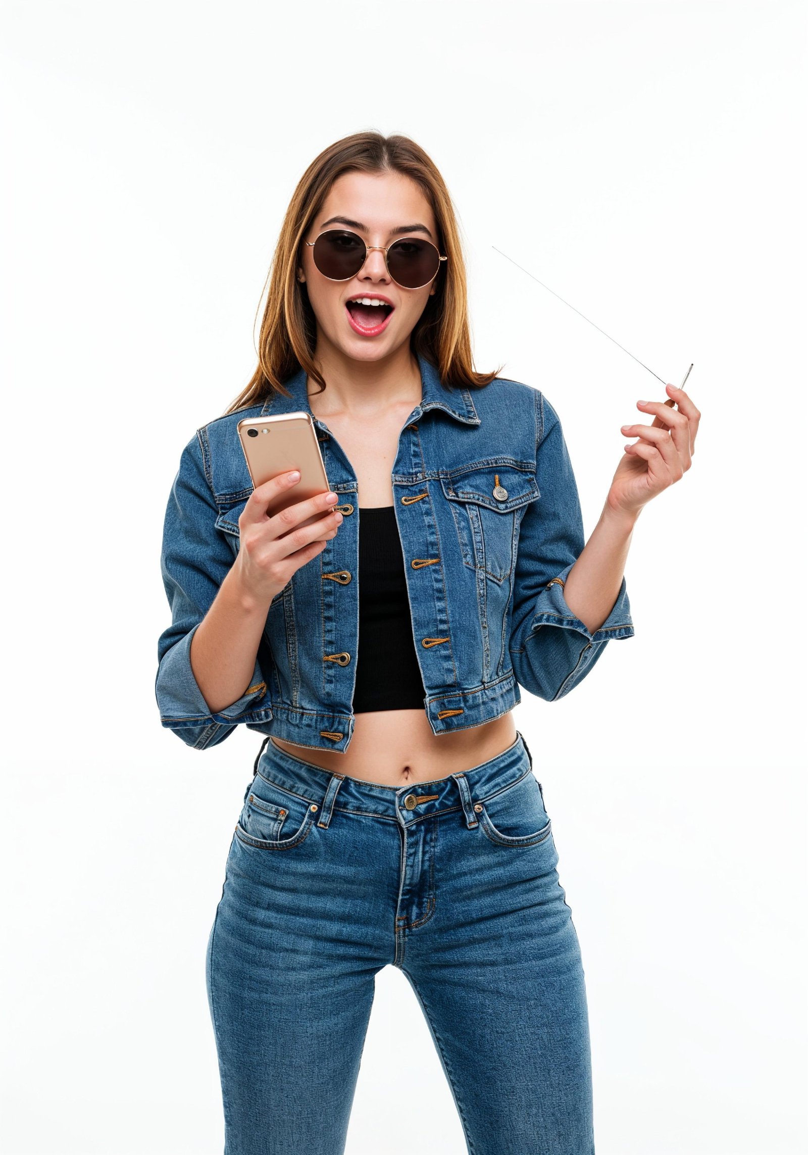 Stylish Young Woman in Denim Jacket and Jeans Casual Street Fashion Portrait