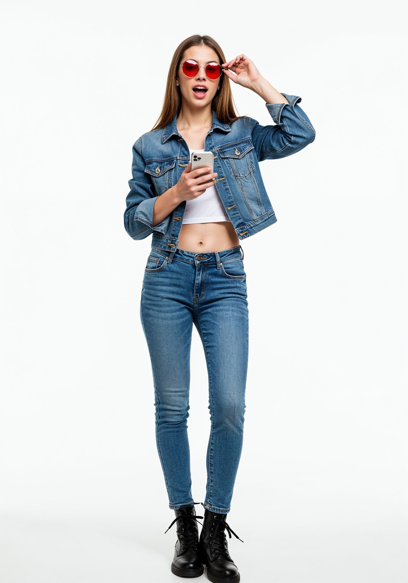 Stylish Young Woman in Denim Jacket and Jeans Casual Street Fashion Portrait