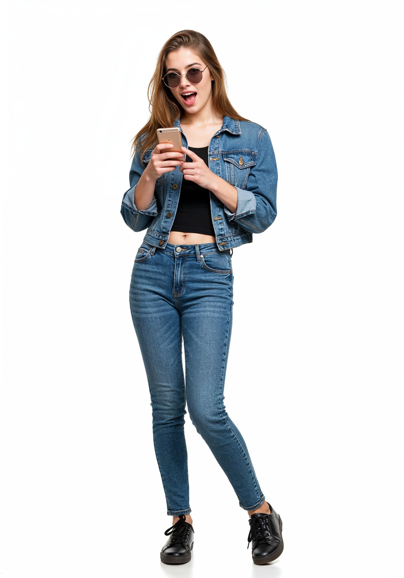 Stylish Young Woman in Denim Jacket and Jeans Casual Street Fashion Portrait