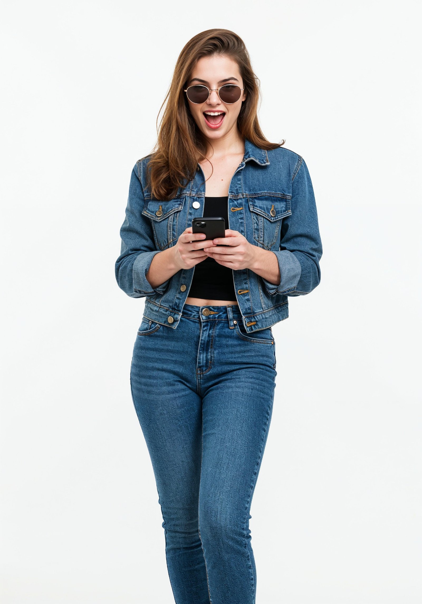 Stylish Young Woman in Denim Jacket and Jeans Casual Street Fashion Portrait