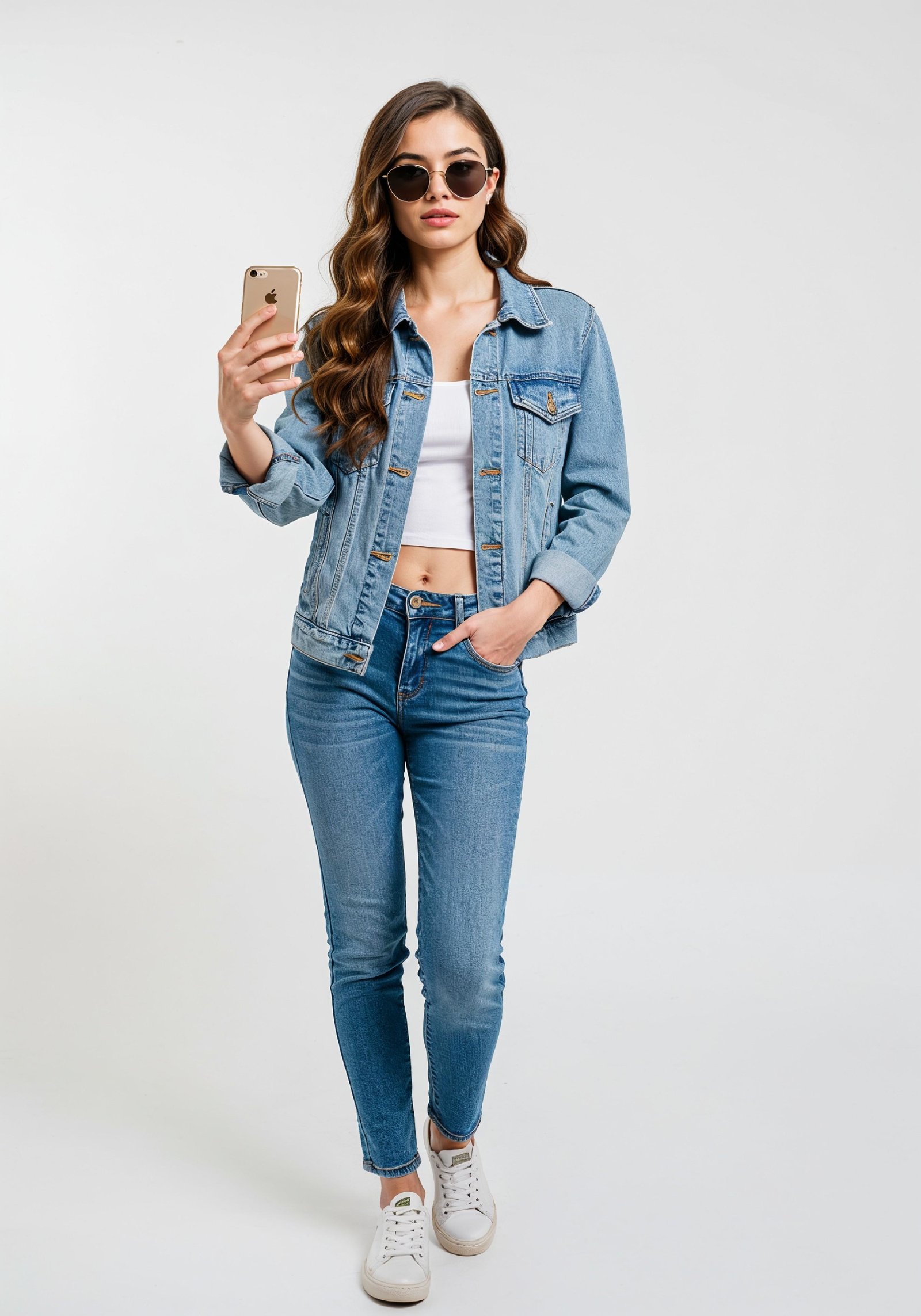 Stylish Young Woman in Denim Jacket and Jeans Casual Street Fashion Portrait