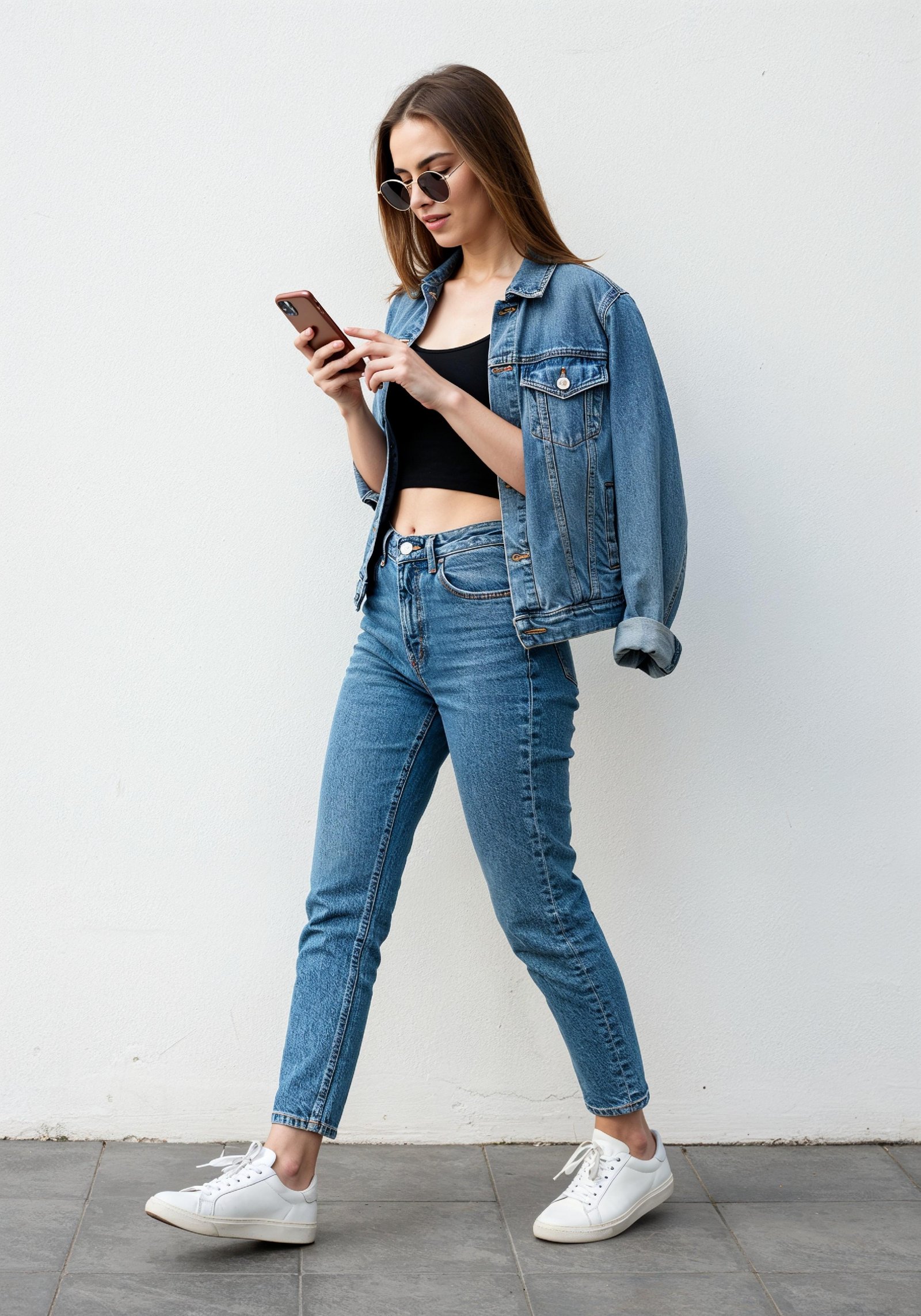 Stylish Young Woman in Denim Jacket and Jeans Casual Street Fashion Portrait