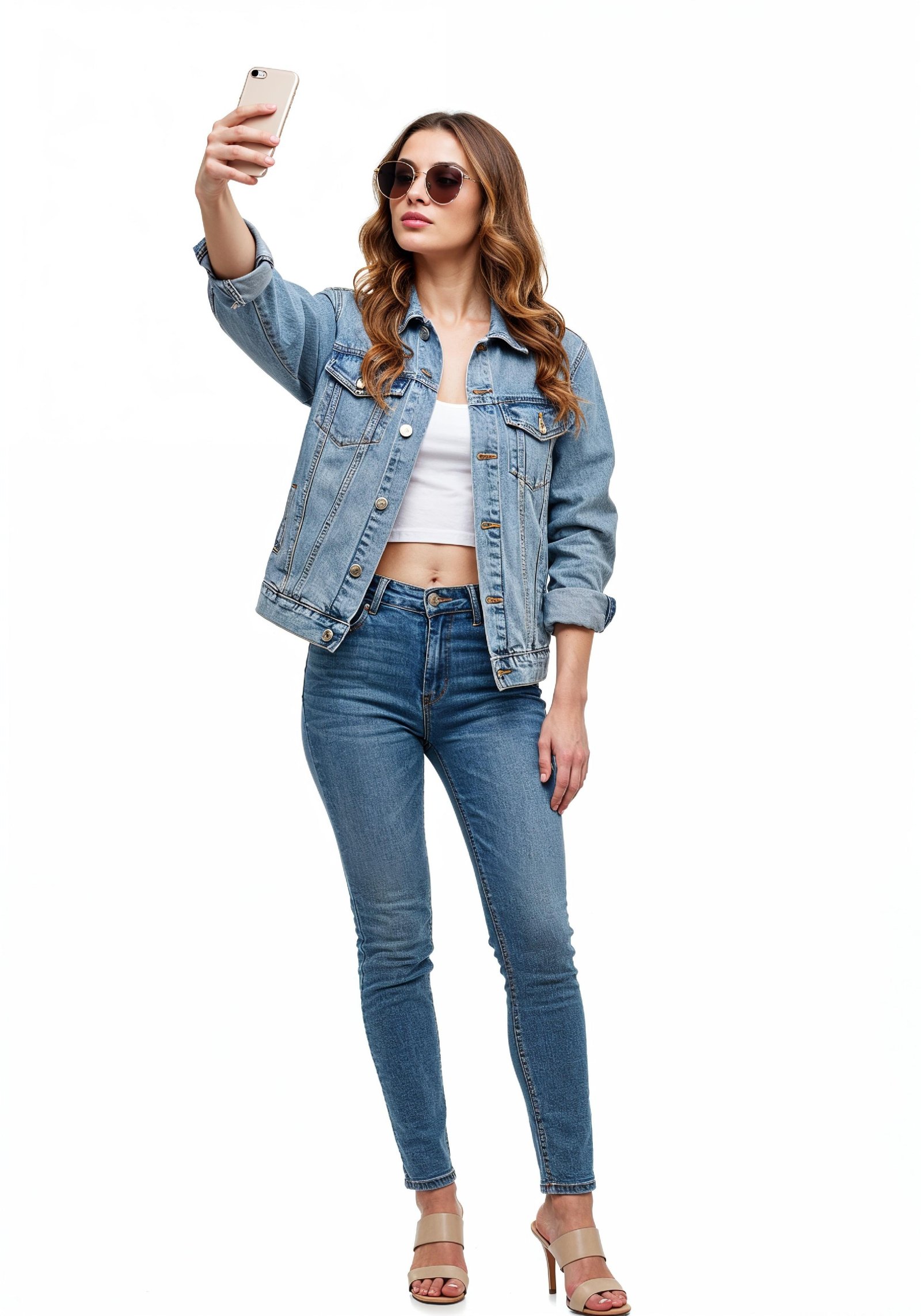 Stylish Young Woman in Denim Jacket and Jeans Casual Street Fashion Portrait