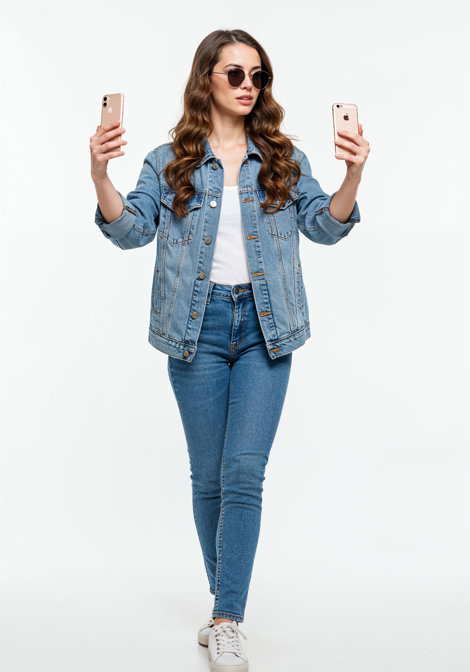 Stylish Young Woman in Denim Jacket and Jeans Casual Street Fashion Portrait