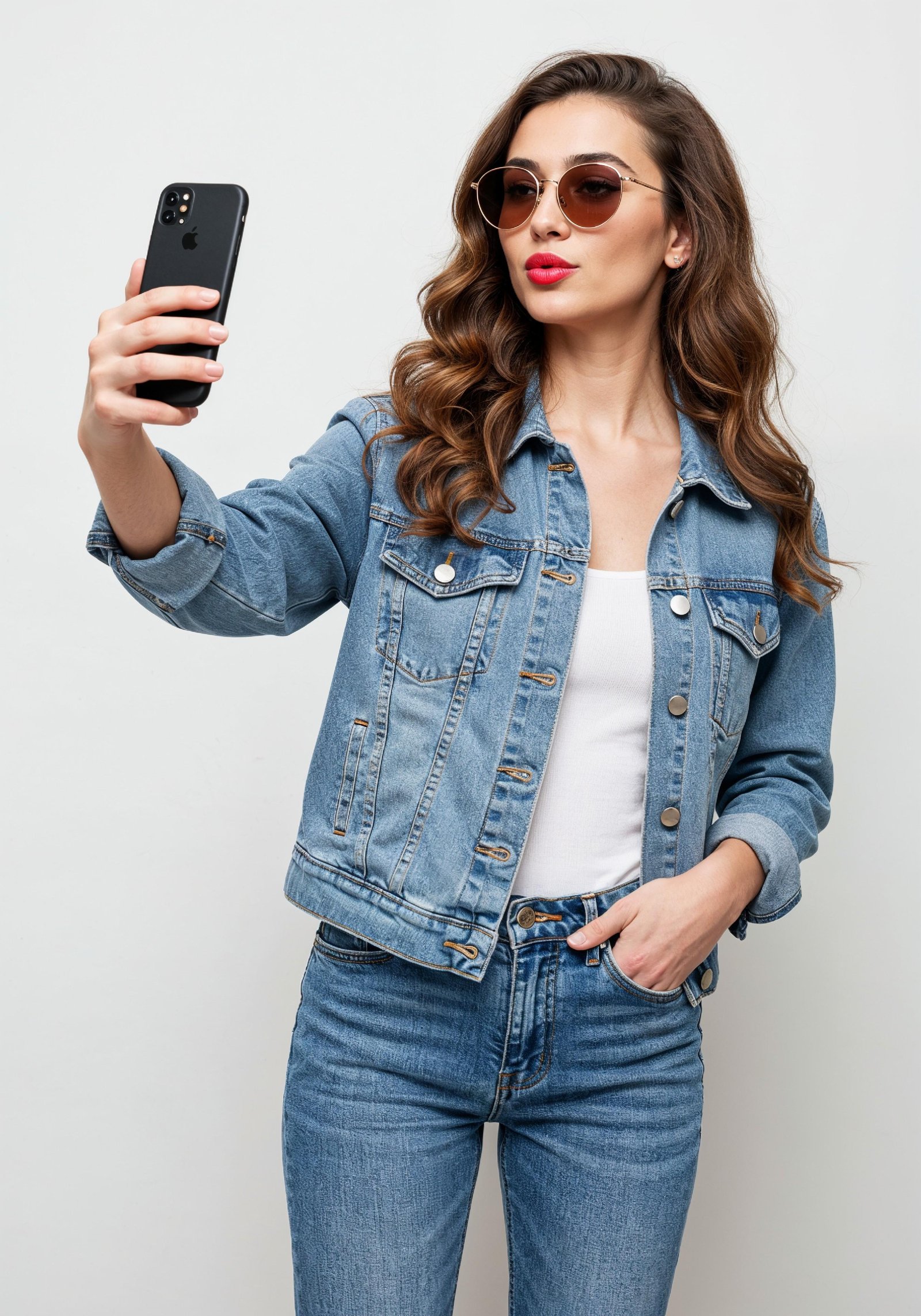 Stylish Young Woman in Denim Jacket and Jeans Casual Street Fashion Portrait