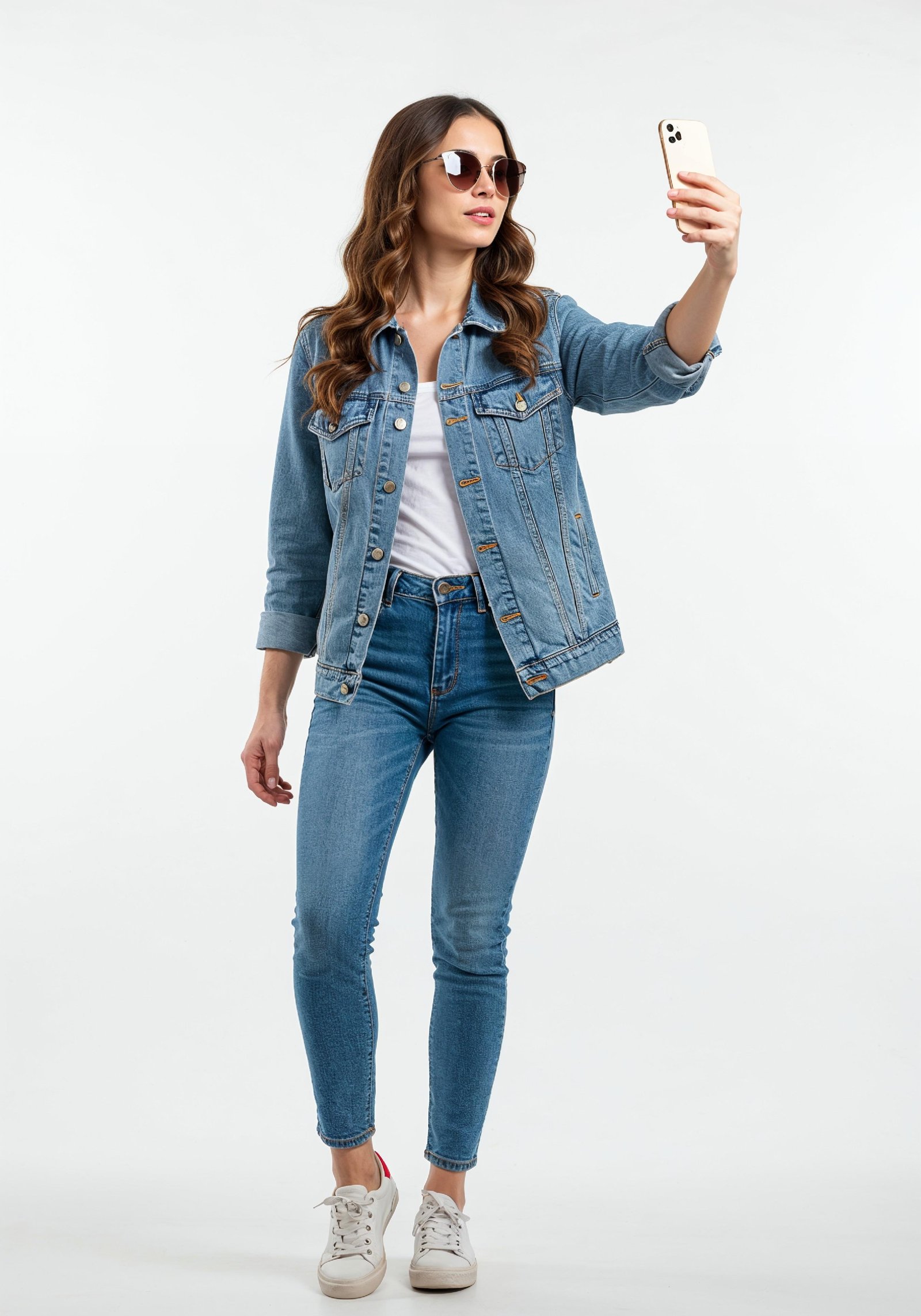 Stylish Young Woman in Denim Jacket and Jeans Casual Street Fashion Portrait