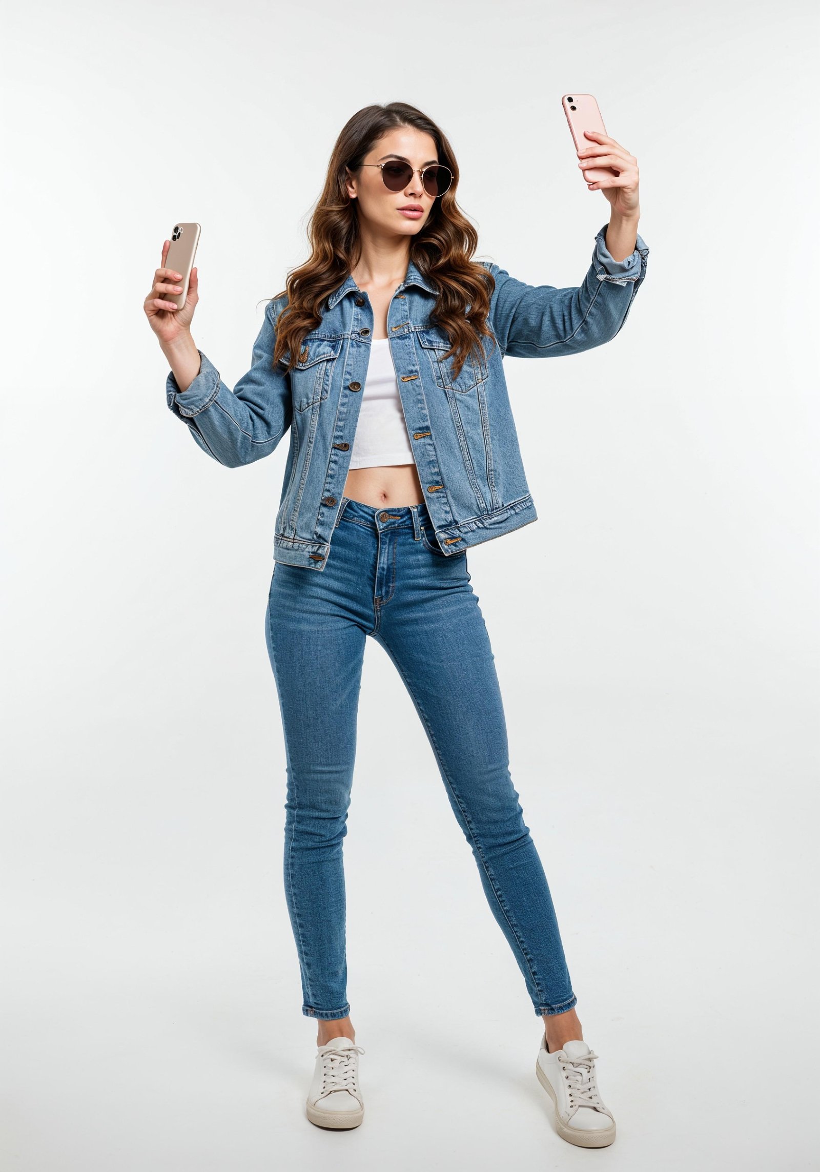 Stylish Young Woman in Denim Jacket and Jeans Casual Street Fashion Portrait