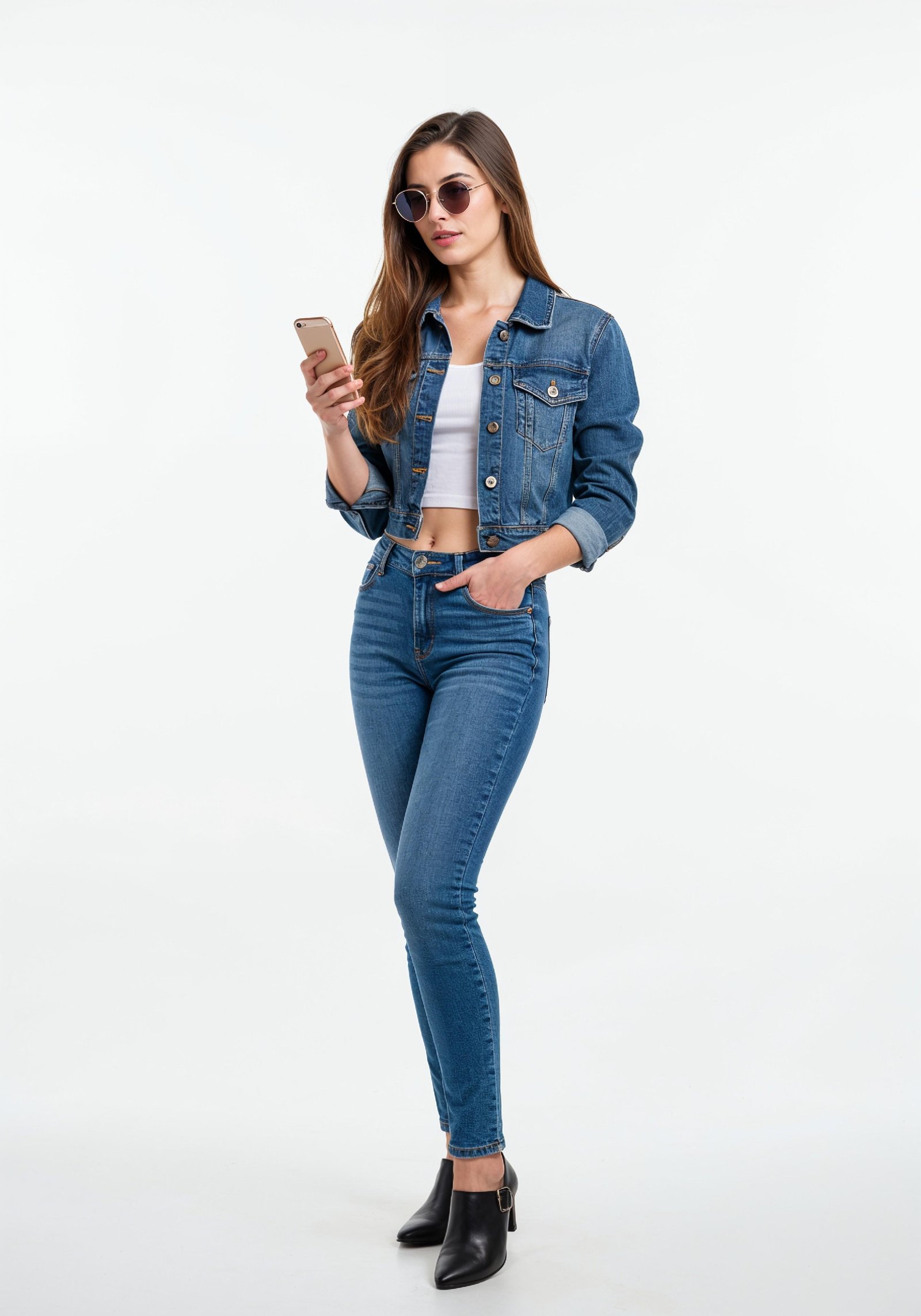 Stylish Young Woman in Denim Jacket and Jeans Casual Street Fashion Portrait