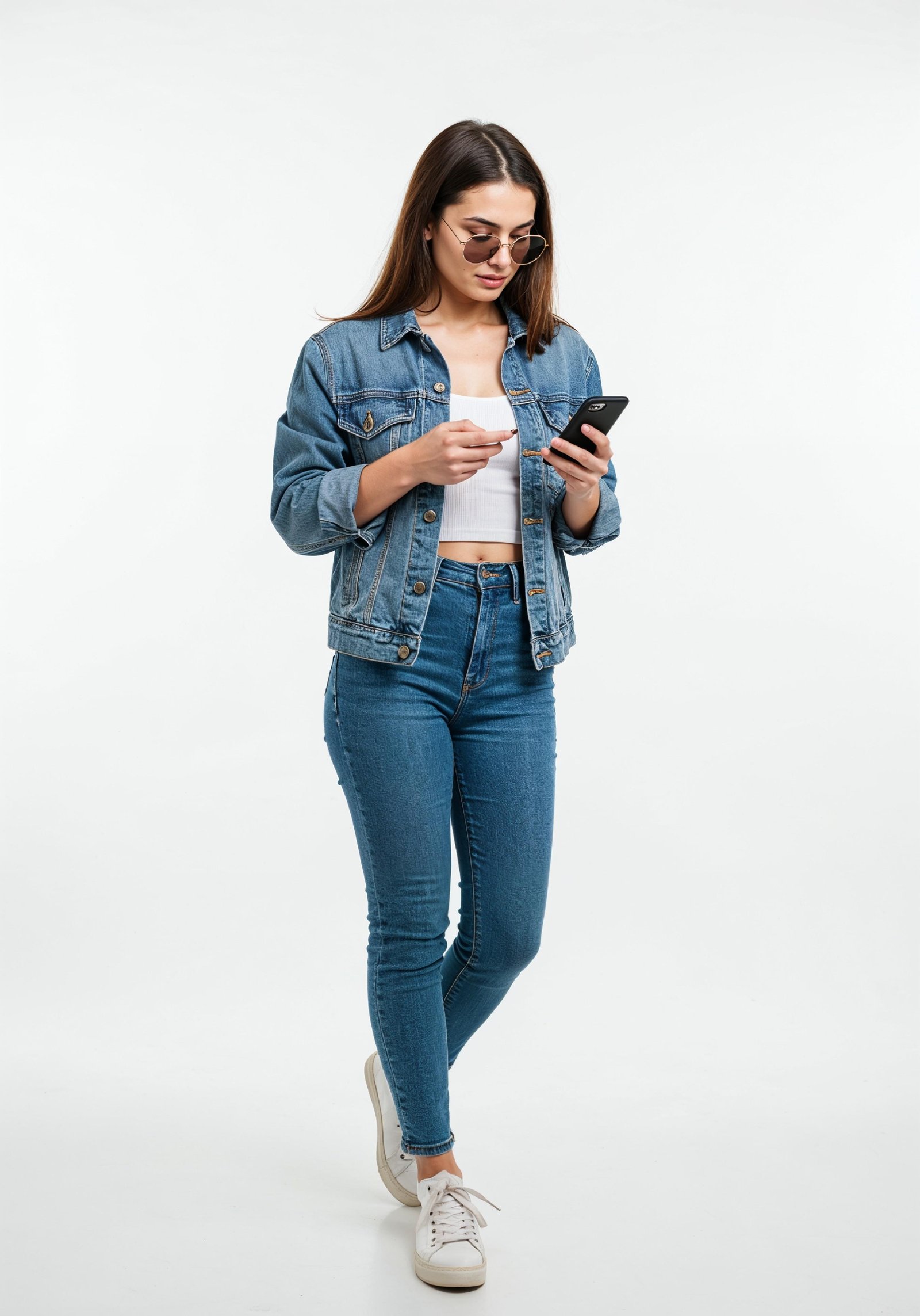 Stylish Young Woman in Denim Jacket and Jeans Casual Street Fashion Portrait