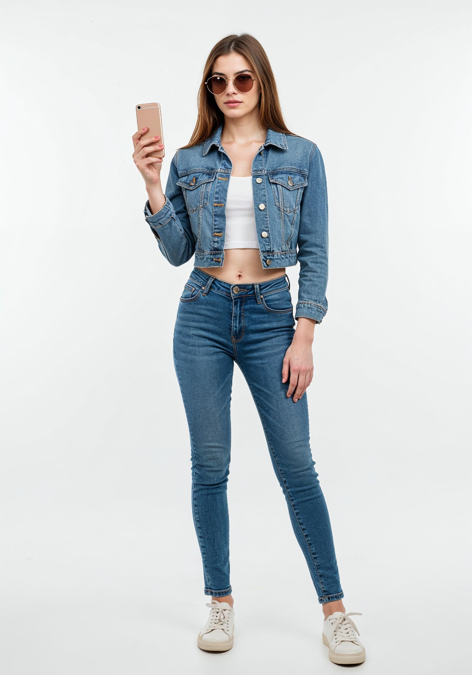 Stylish Young Woman in Denim Jacket and Jeans Casual Street Fashion Portrait