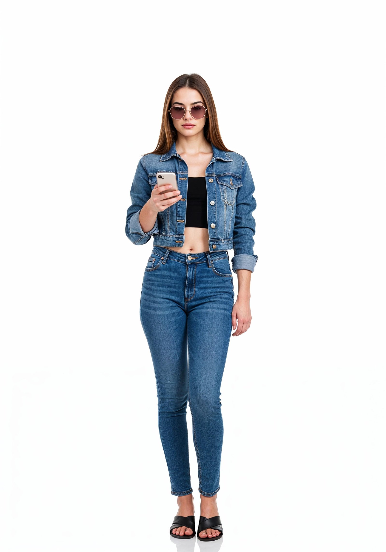 Stylish Young Woman in Denim Jacket and Jeans Casual Street Fashion Portrait